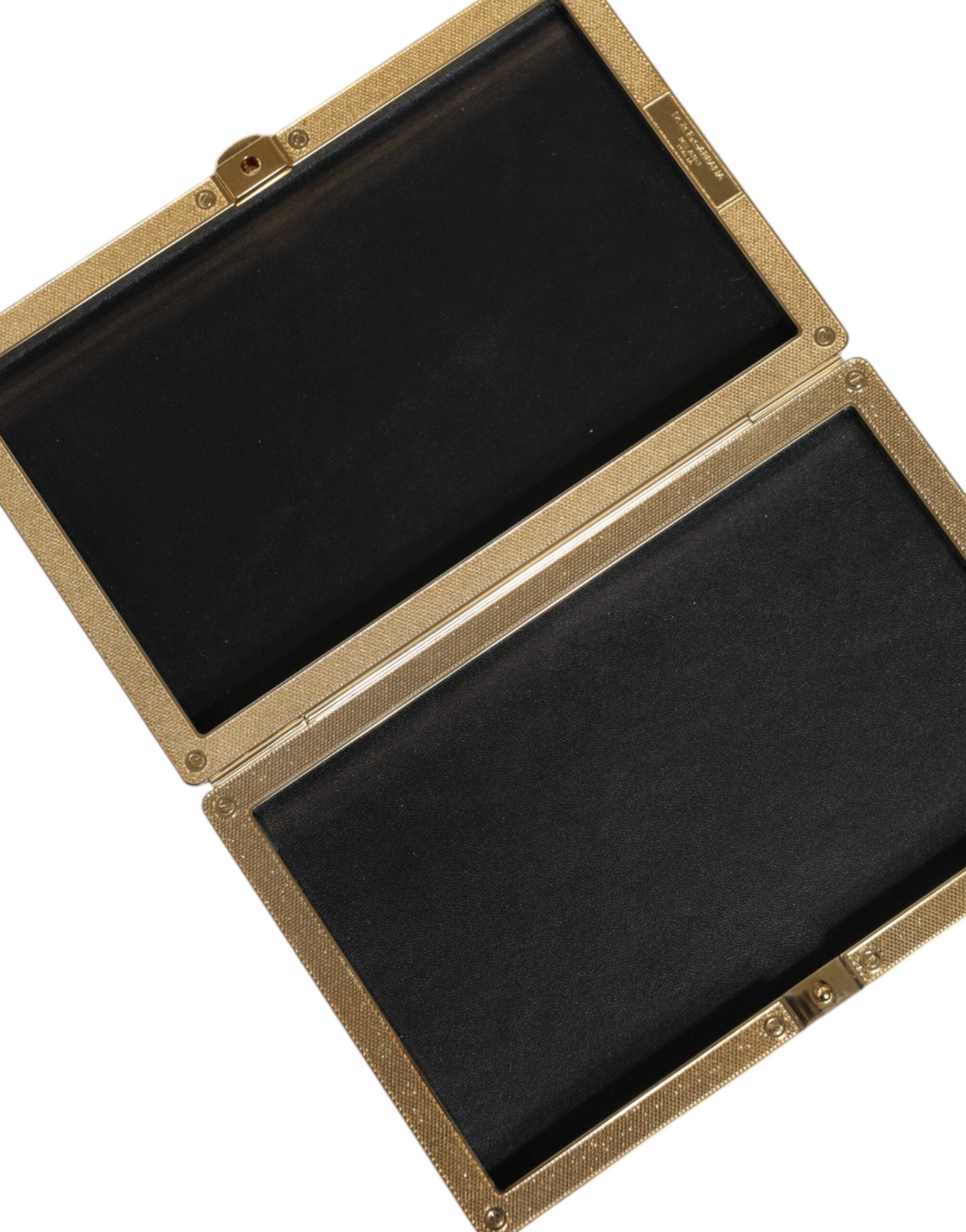 Dolce & Gabbana Black Leather Studs Gold Frame Clutch Evening Purse Bag LUNESCAPE