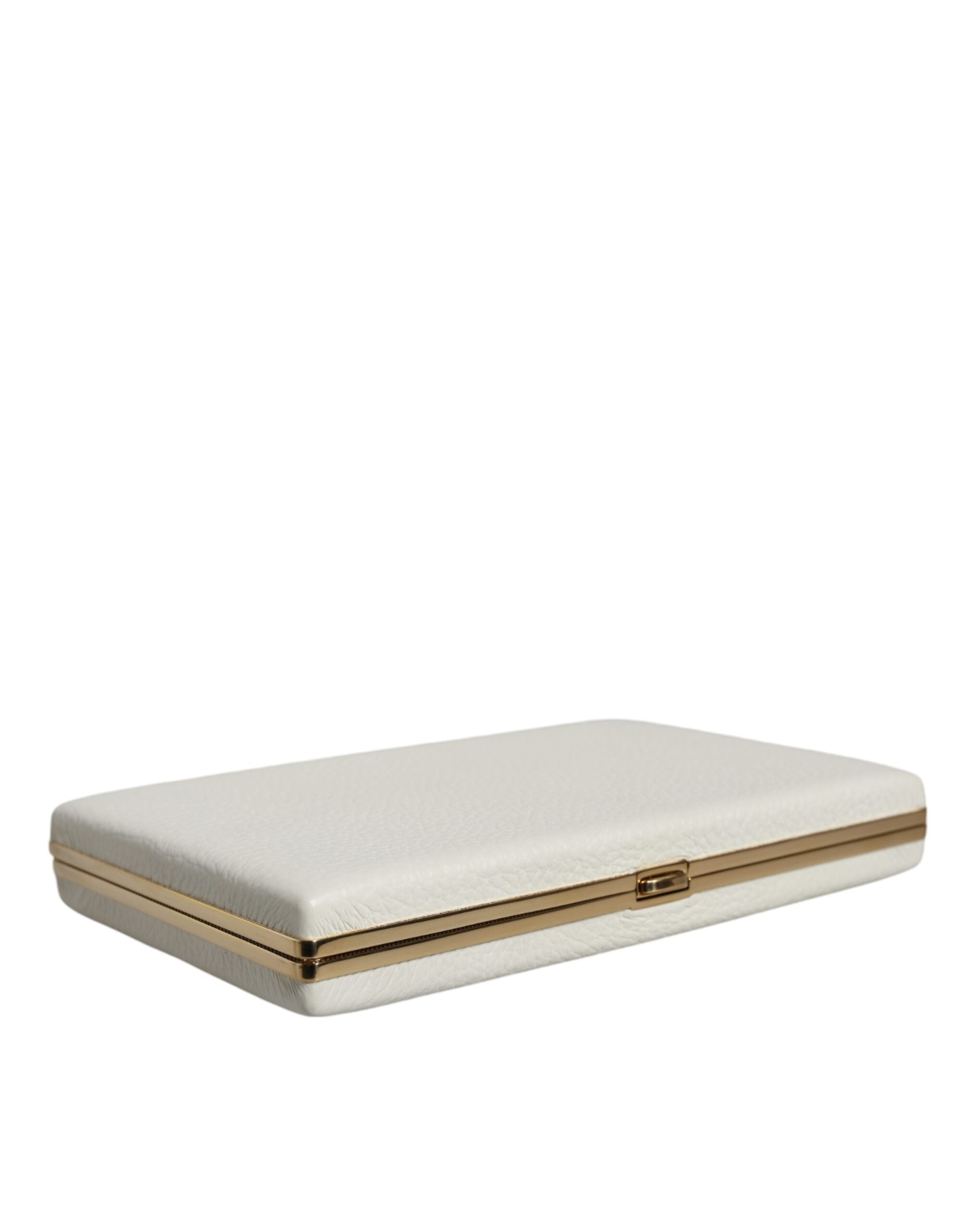 Dolce & Gabbana White Leather Gold Frame Clutch Evening Party Purse Bag LUNESCAPE
