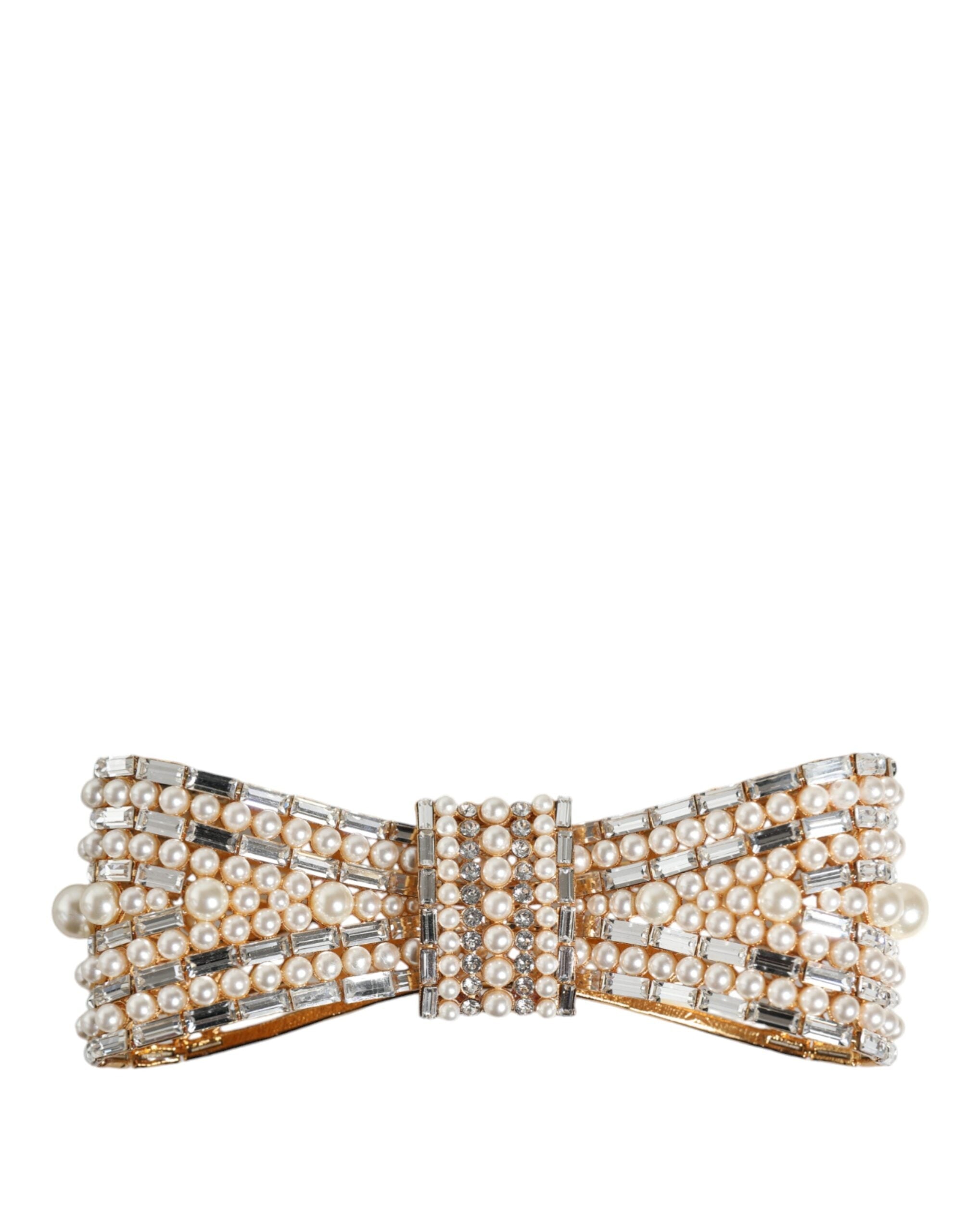 Dolce & Gabbana Gold Tone Brass Bow Crystal FauxPearl Embellished Brooch LUNESCAPE