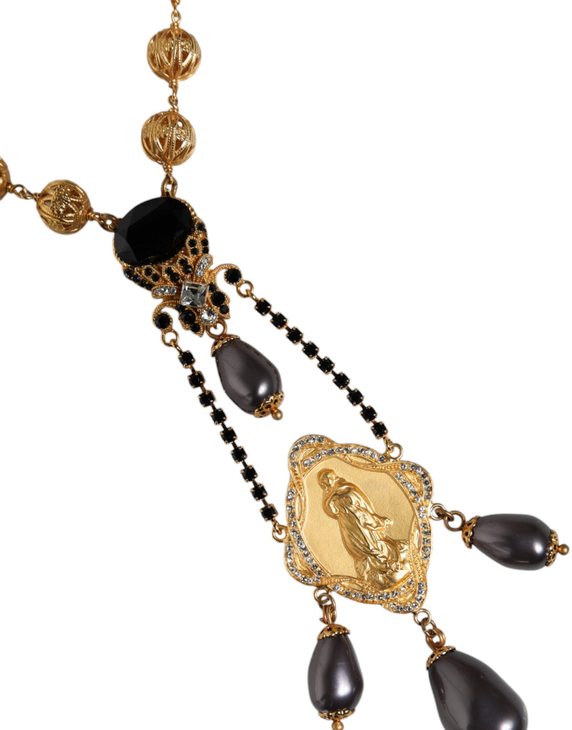 Dolce & Gabbana Gold Chain Brass Black Beaded Rosary Style Necklace LUNESCAPE