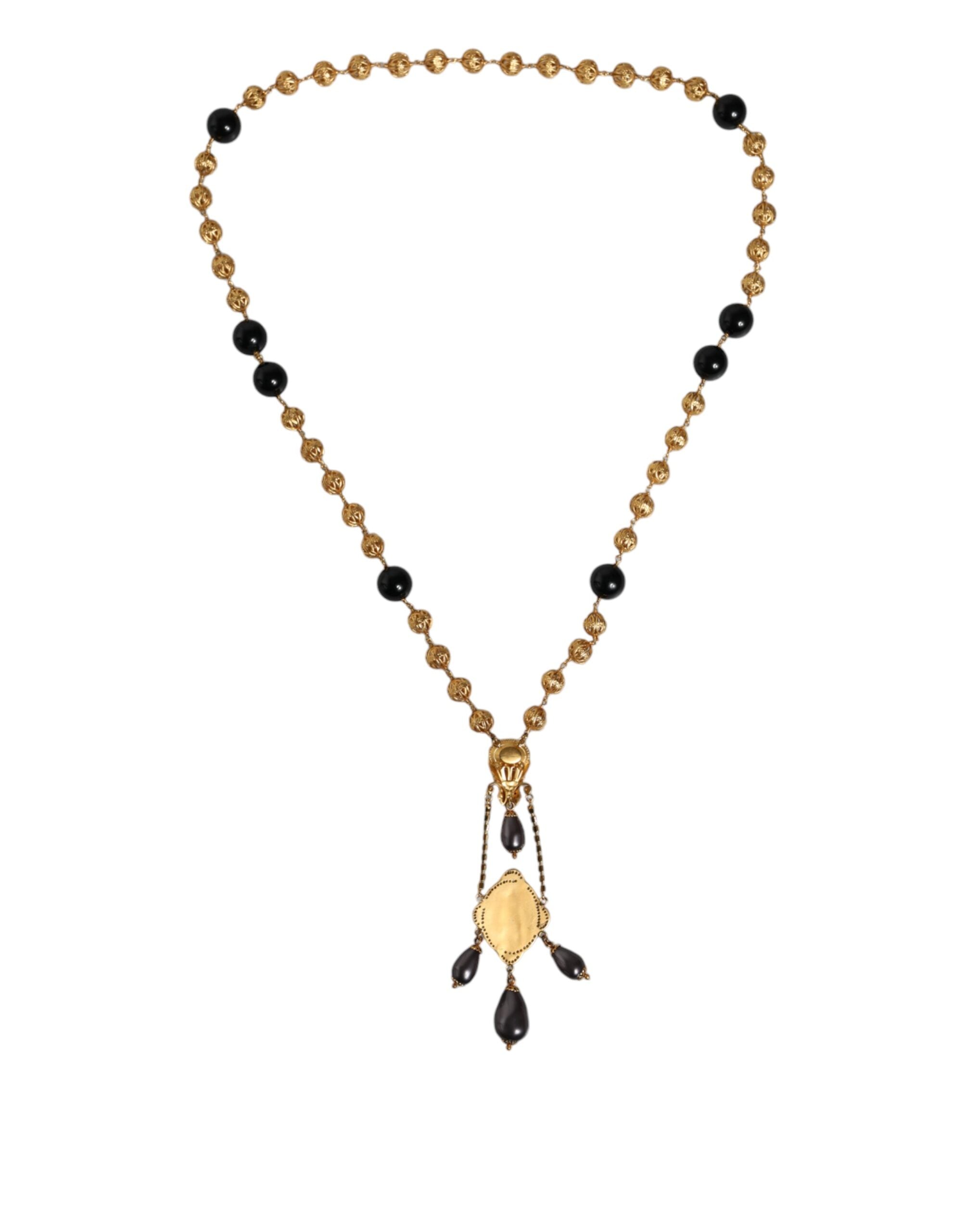 Dolce & Gabbana Gold Chain Brass Black Beaded Rosary Style Necklace LUNESCAPE
