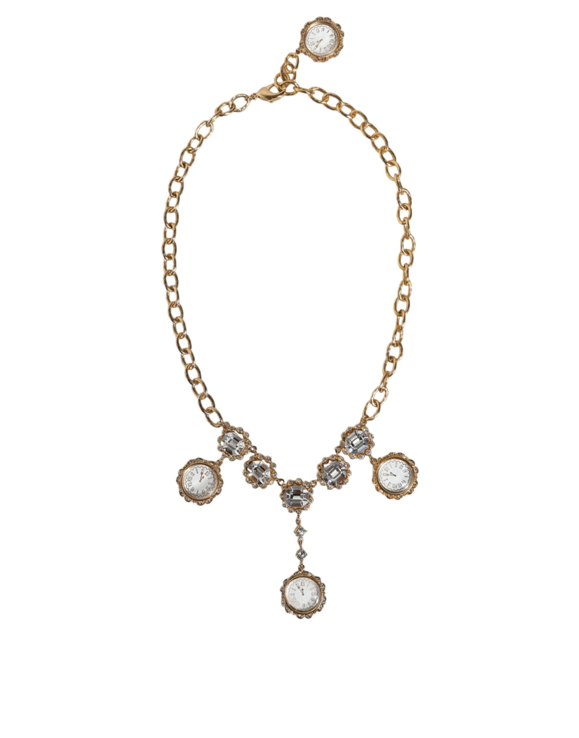 Dolce & Gabbana Gold Chain Brass Crystal Clock Statement Necklace LUNESCAPE