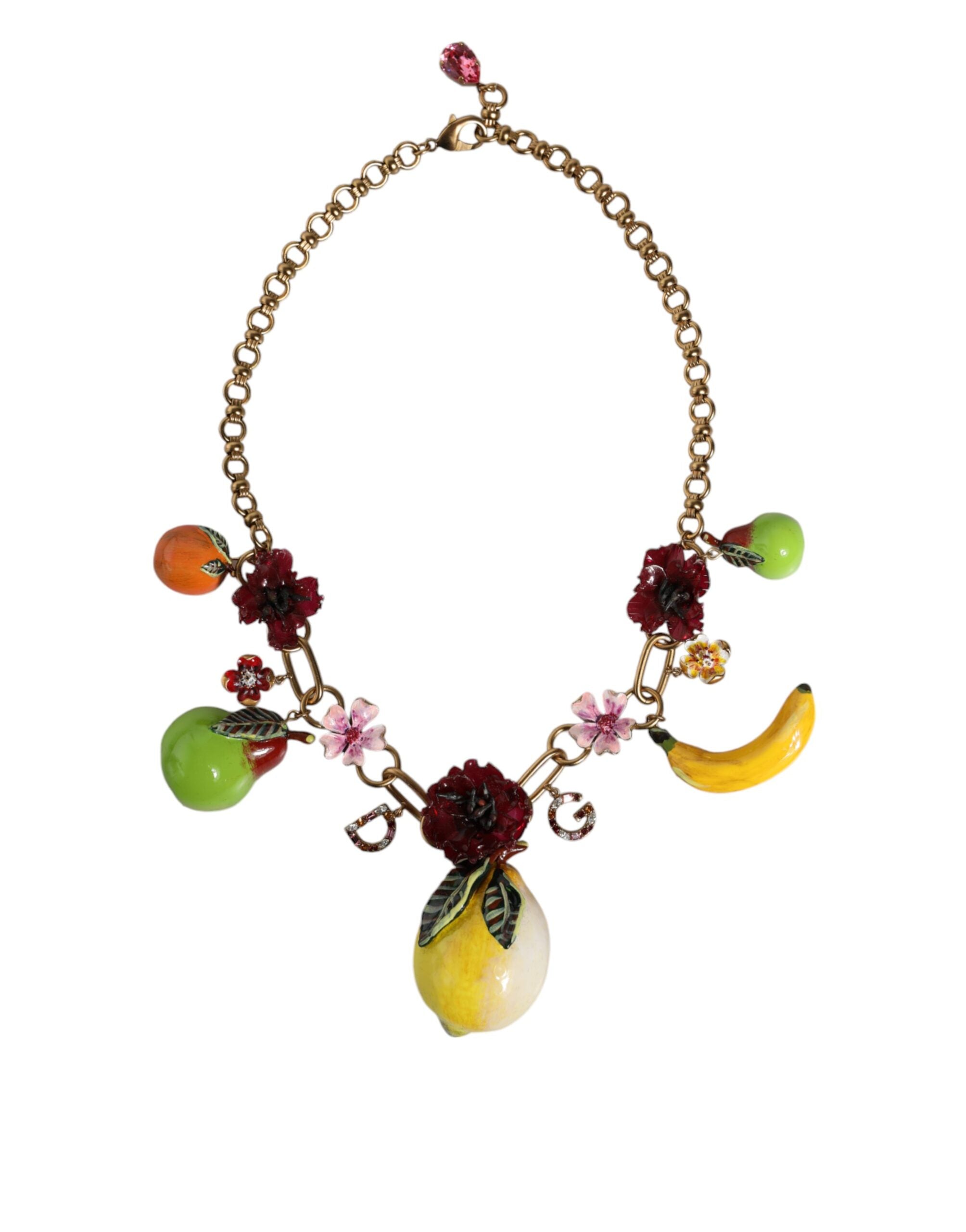 Dolce & Gabbana Gold Brass FRUIT Pendants Flowers Crystal Logo Necklace LUNESCAPE