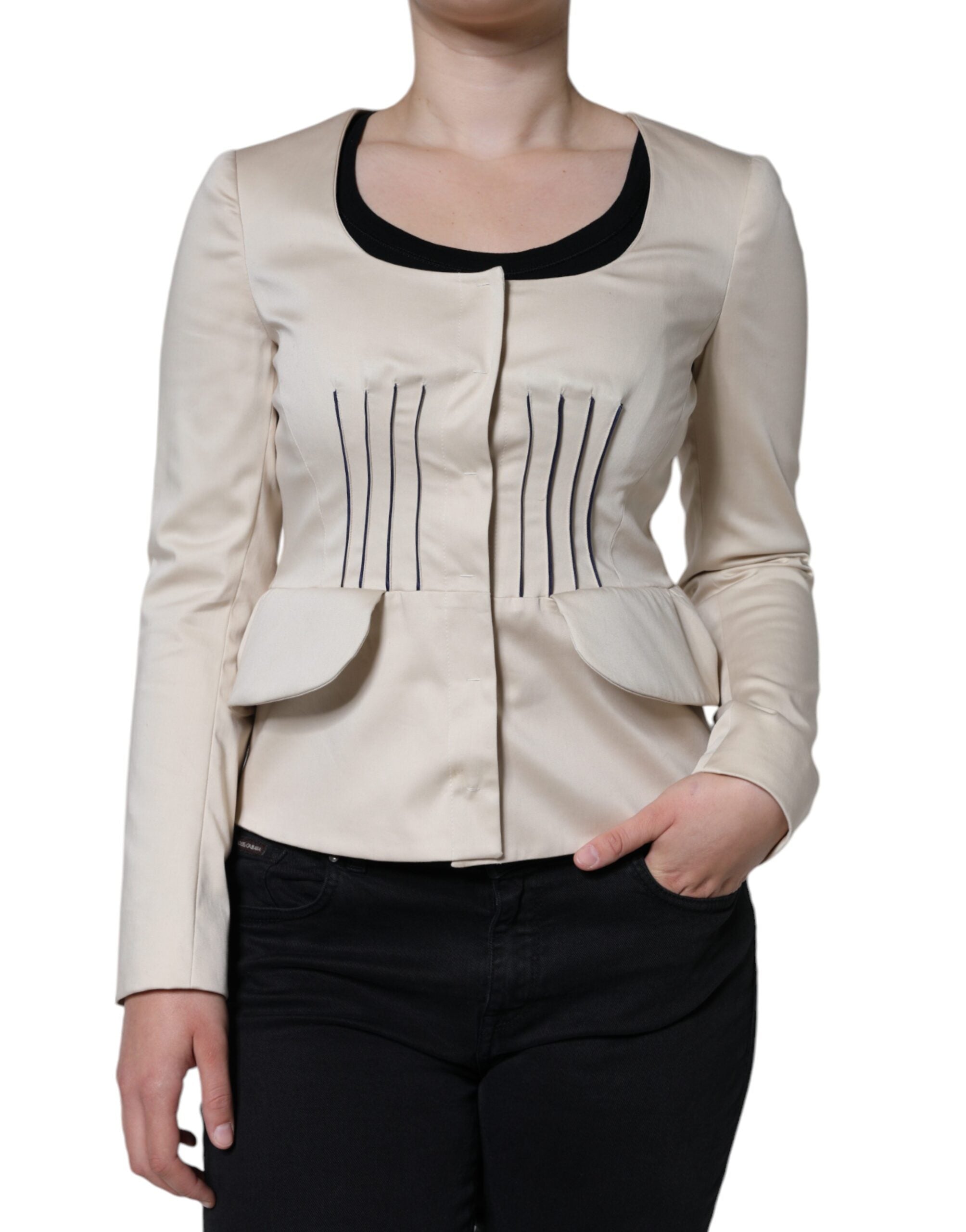 Valentino Beige Cotton Long Sleeves Round Neck Blazer Jacket LUNESCAPE