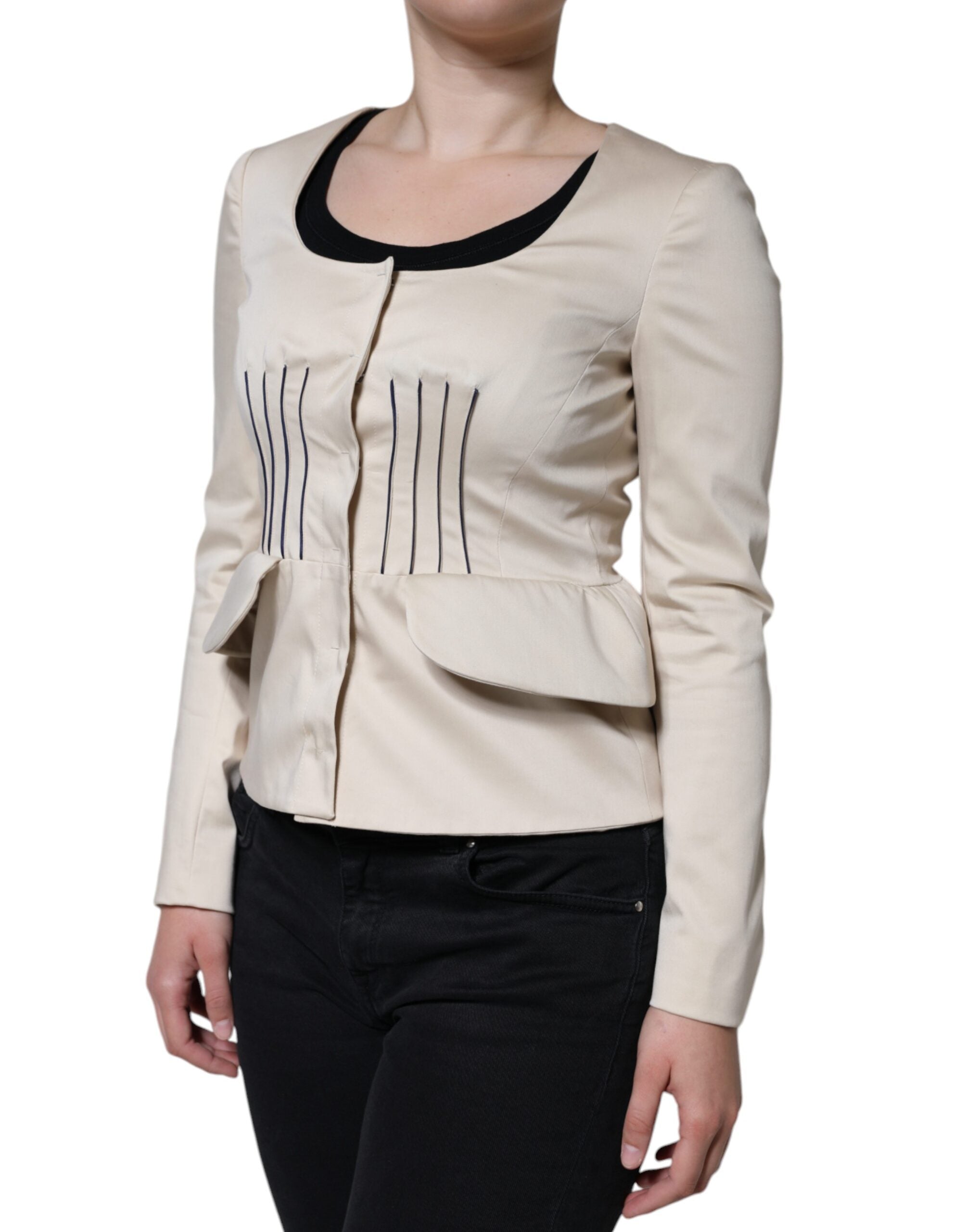 Valentino Beige Cotton Long Sleeves Round Neck Blazer Jacket LUNESCAPE