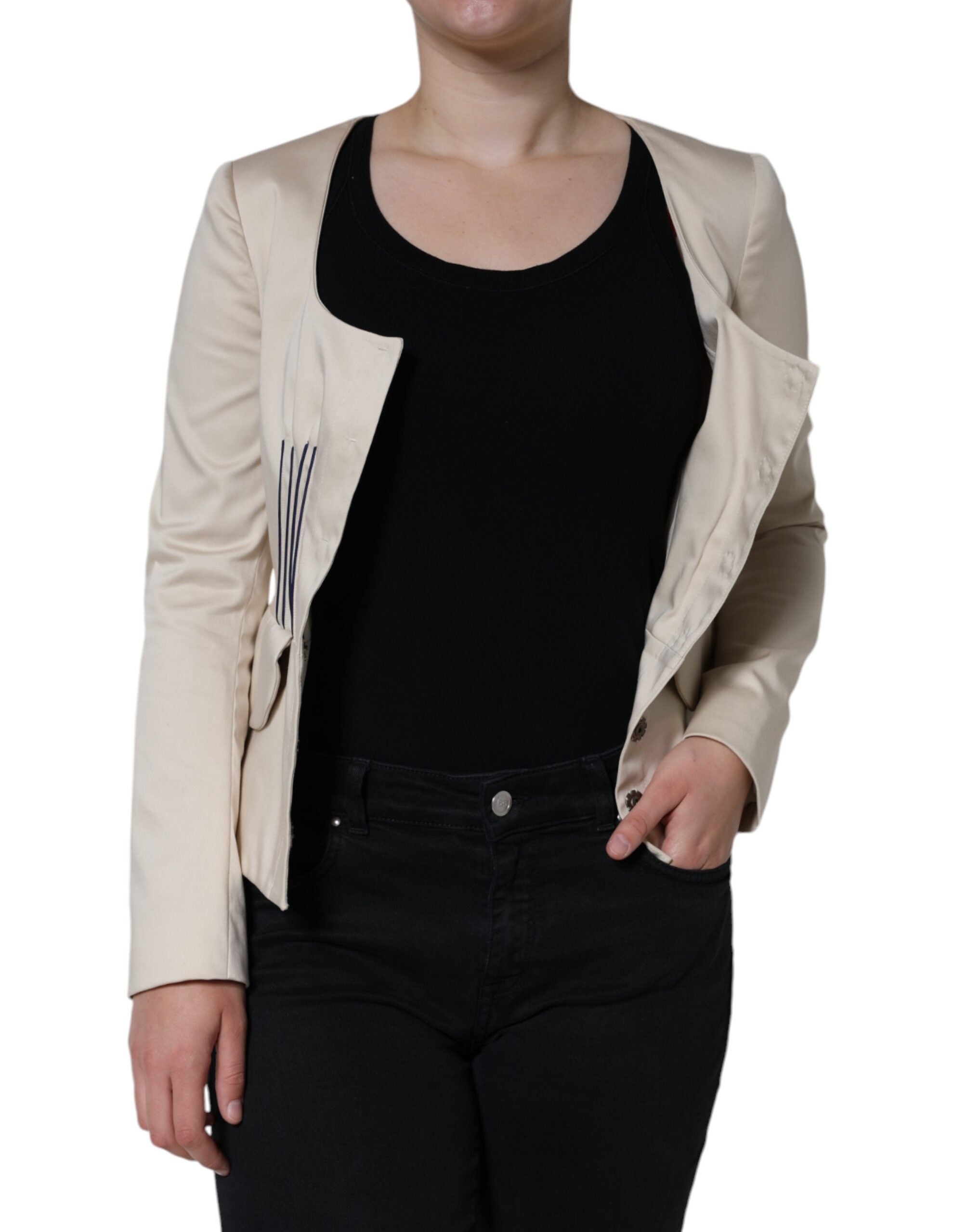 Valentino Beige Cotton Long Sleeves Round Neck Blazer Jacket LUNESCAPE