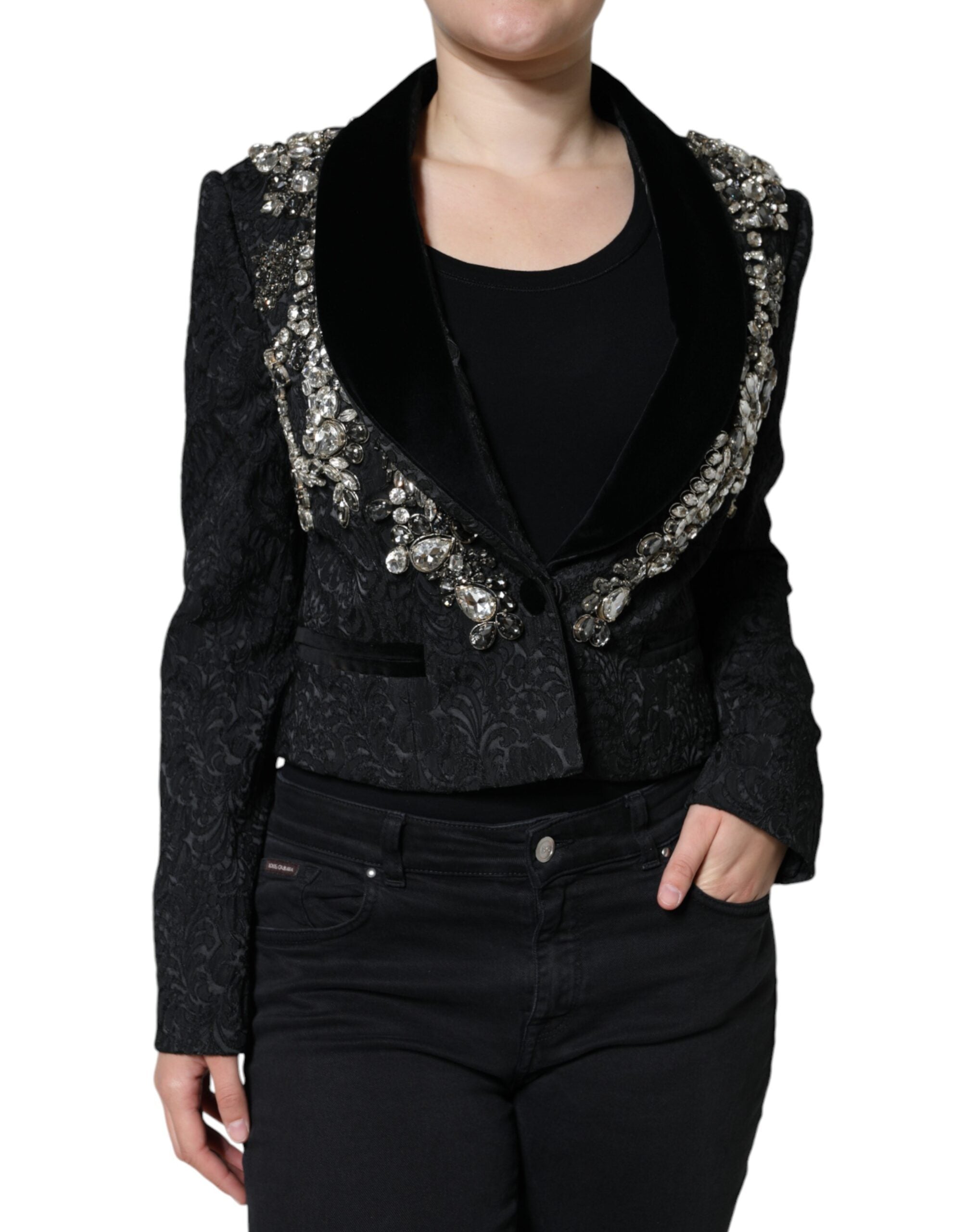 Dolce & Gabbana Black Jacquard Crystal Floral Jacket Blazer LUNESCAPE