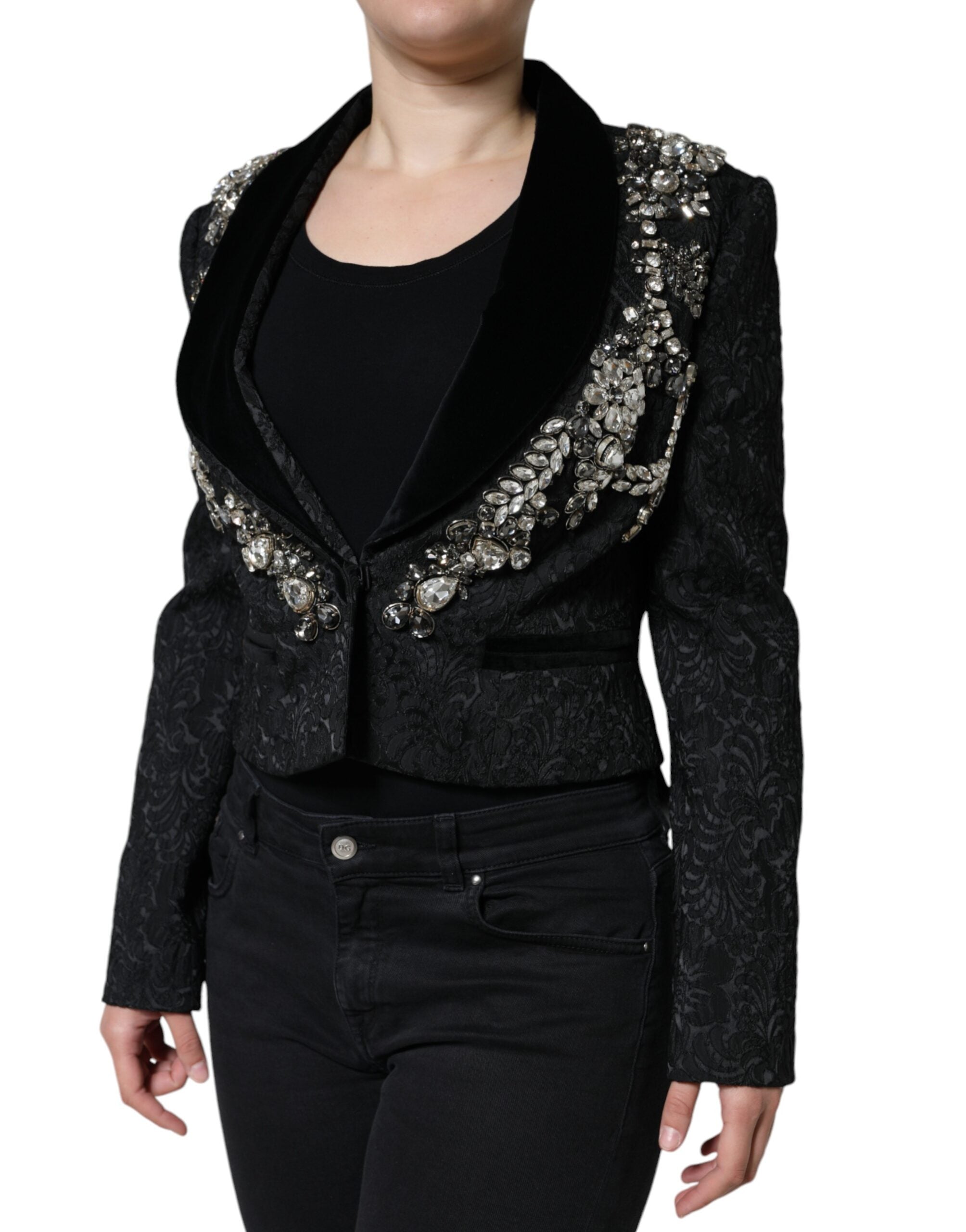 Dolce & Gabbana Black Jacquard Crystal Floral Jacket Blazer LUNESCAPE