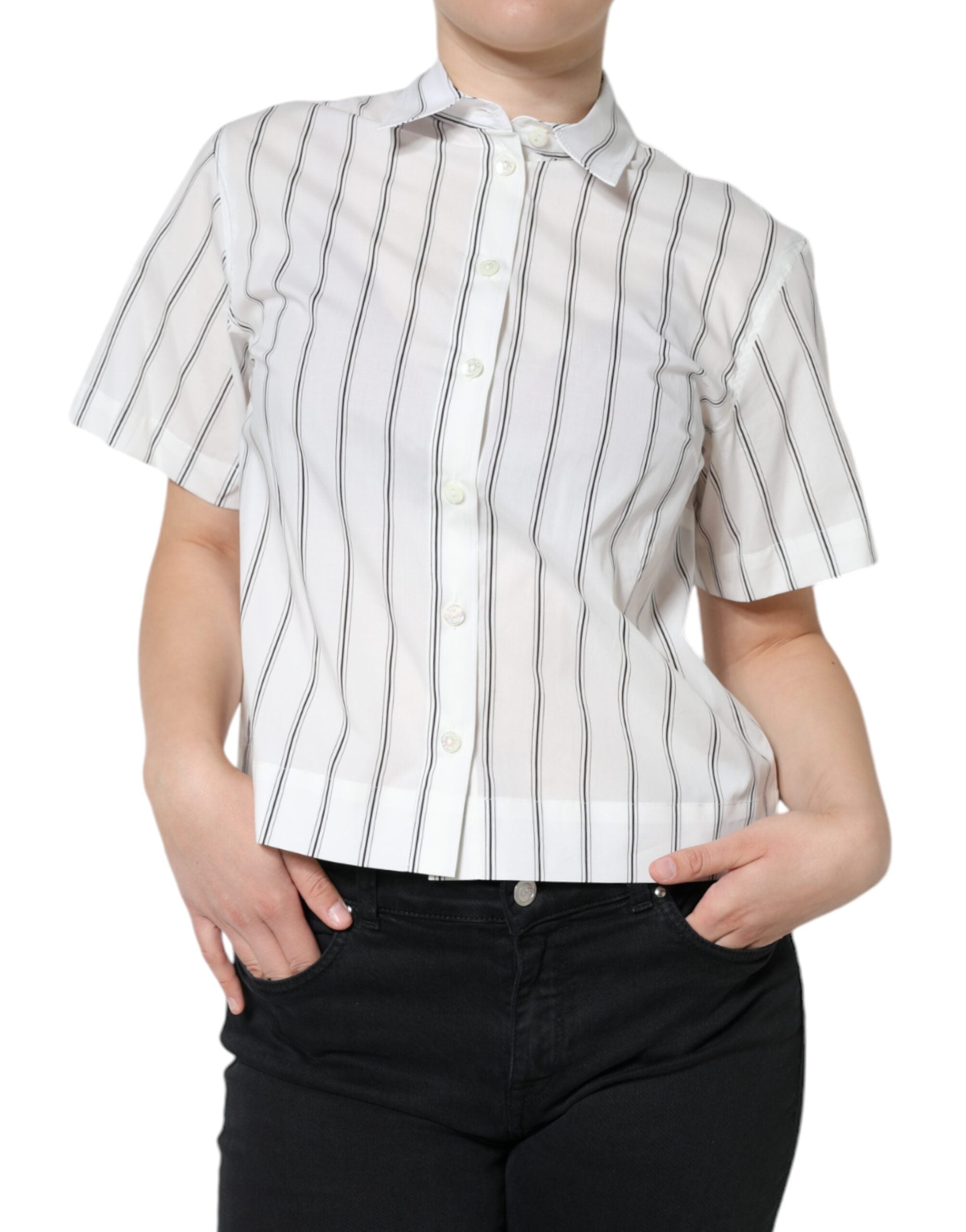 Dolce & Gabbana White Striped Collared Short Sleeve Polo Top LUNESCAPE