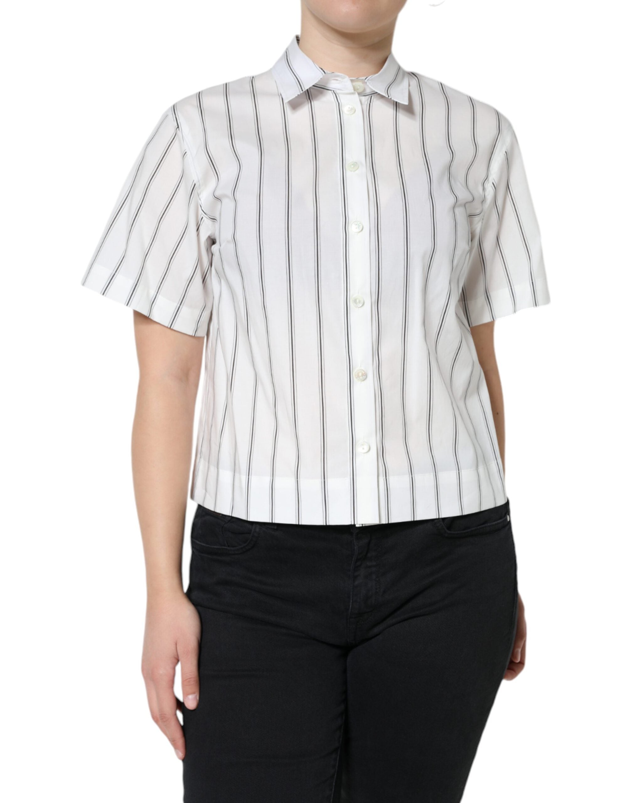 Dolce & Gabbana White Striped Collared Short Sleeve Polo Top LUNESCAPE