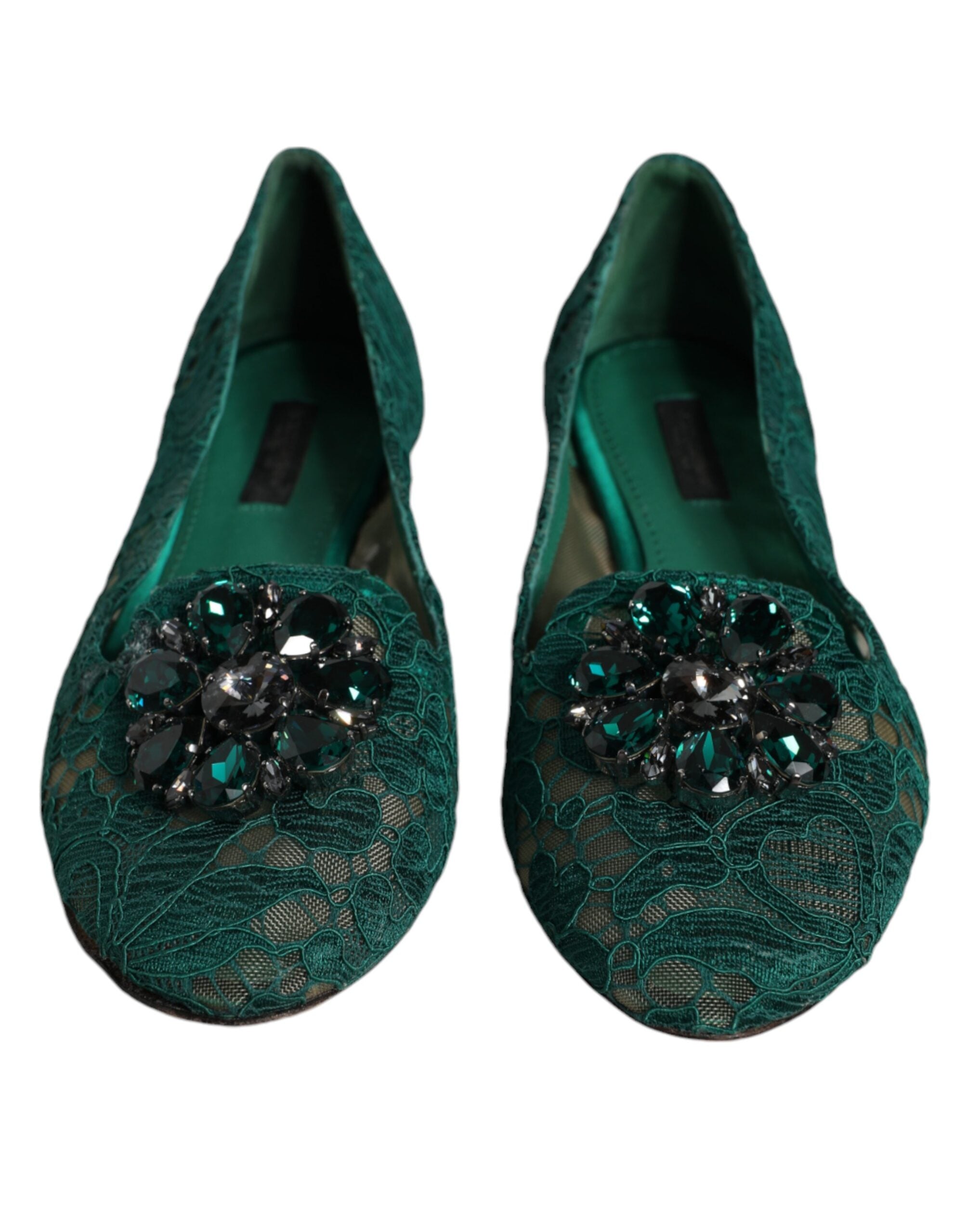 Dolce & Gabbana Green Lace Crystal Ballet Flats Loafers Shoes LUNESCAPE