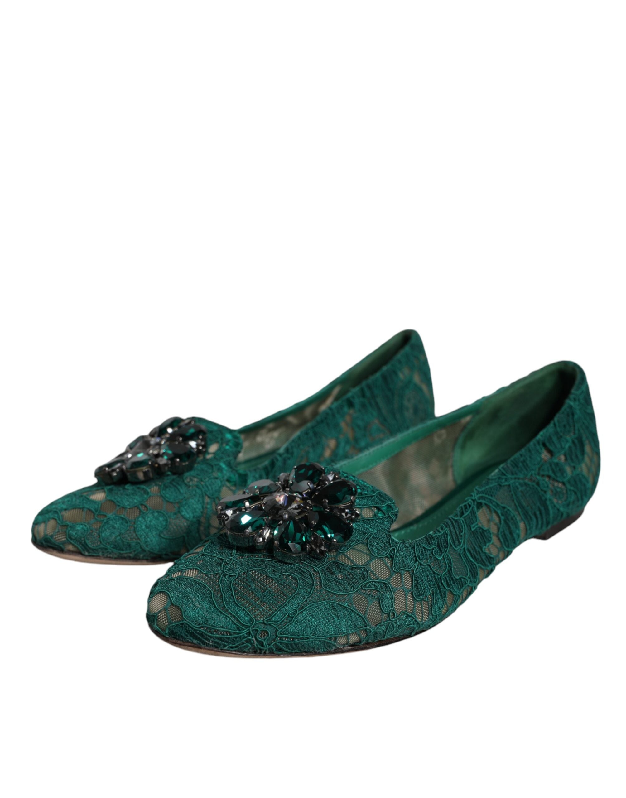 Dolce & Gabbana Green Lace Crystal Ballet Flats Loafers Shoes LUNESCAPE