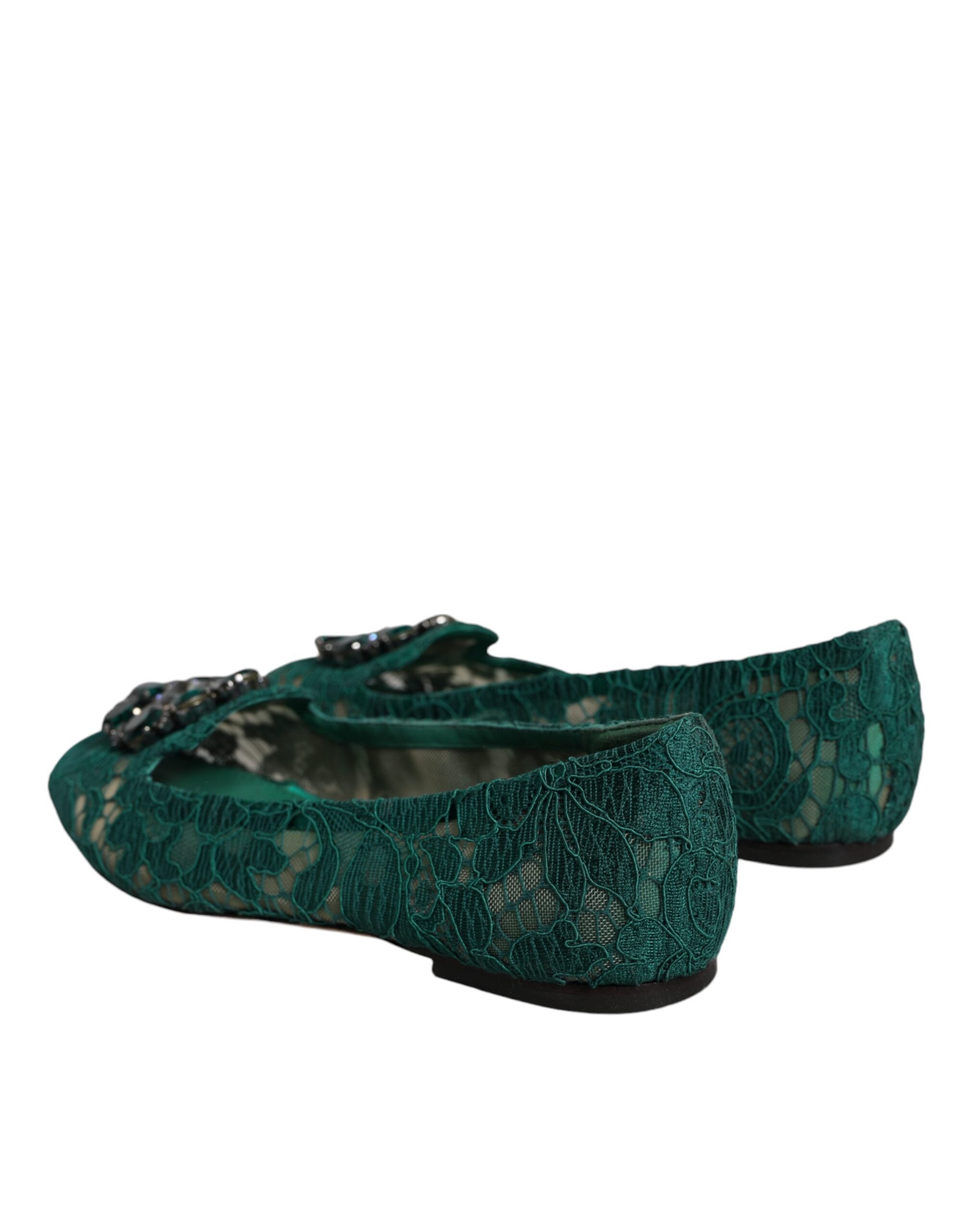 Dolce & Gabbana Green Lace Crystal Ballet Flats Loafers Shoes LUNESCAPE