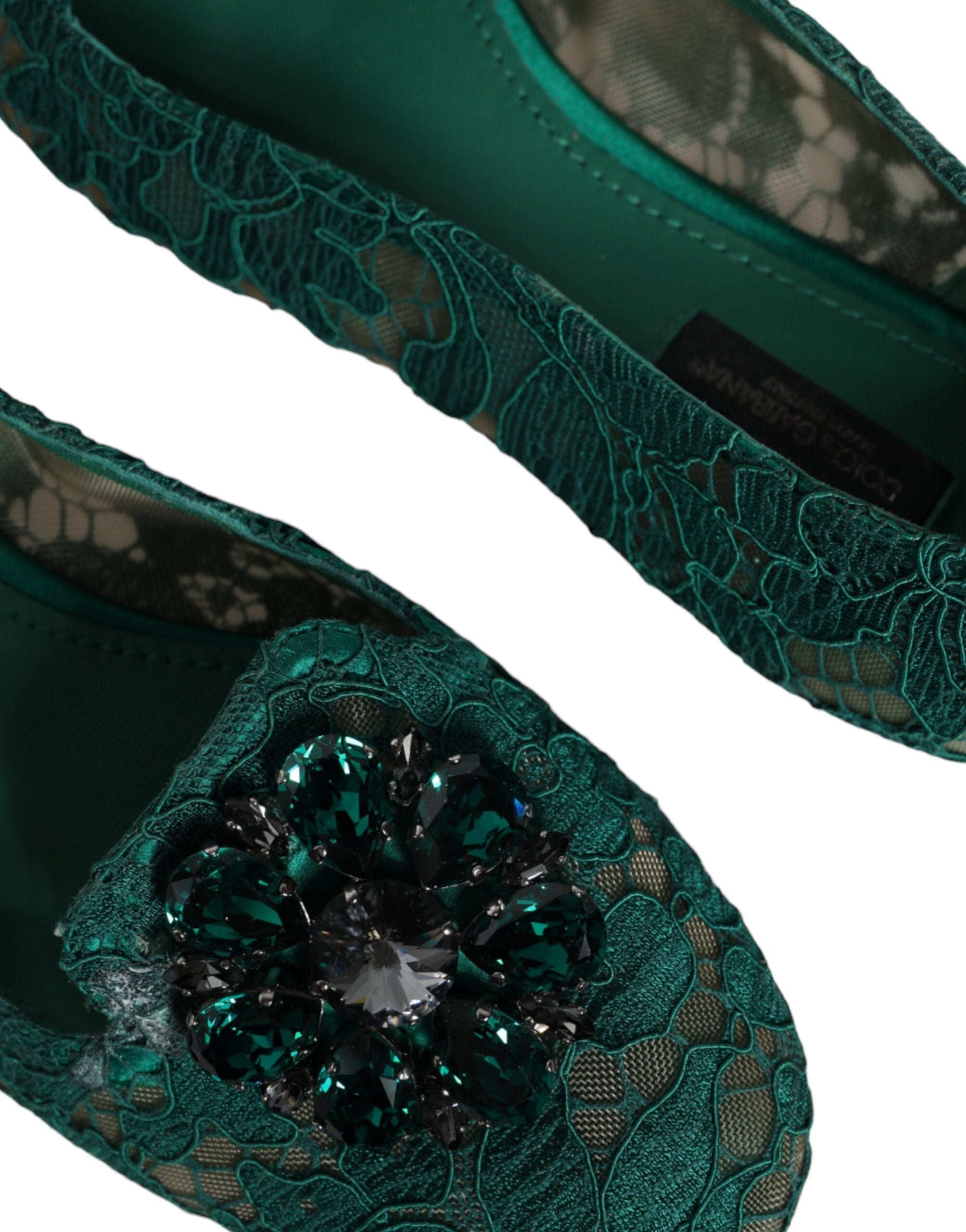 Dolce & Gabbana Green Lace Crystal Ballet Flats Loafers Shoes LUNESCAPE