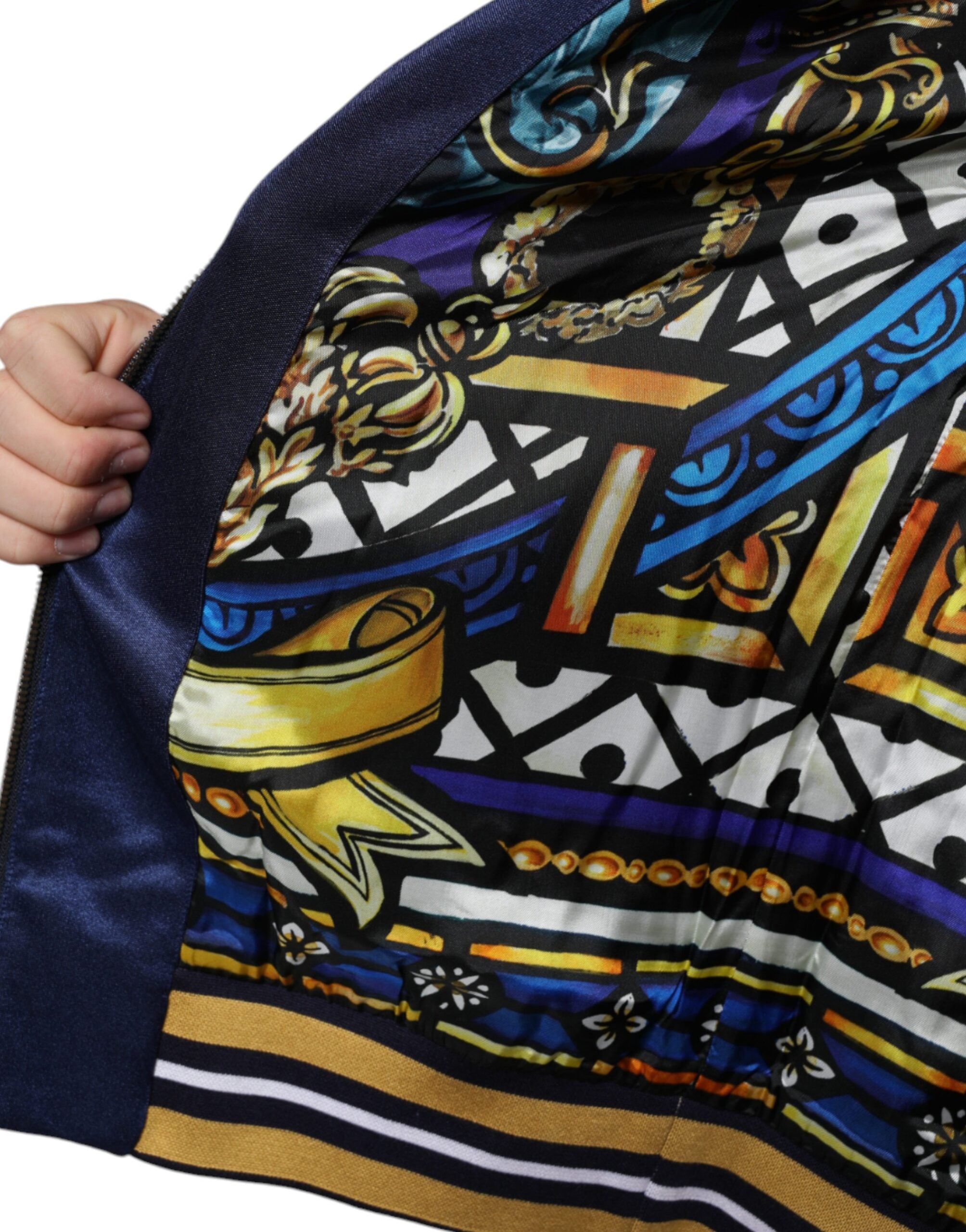 Dolce & Gabbana Blue Heraldic Patch Stripe King Bee Bomber