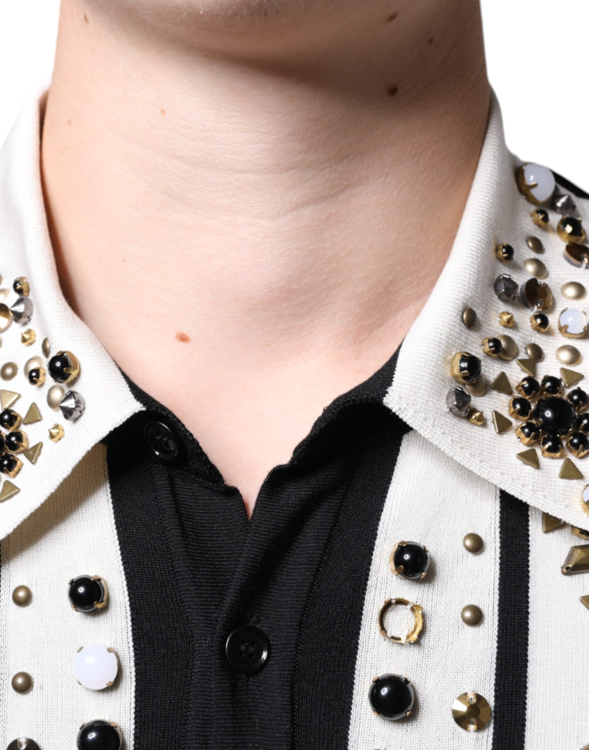 Dolce & Gabbana White Black Silk Studded Stone Crystal Bowling Shirt