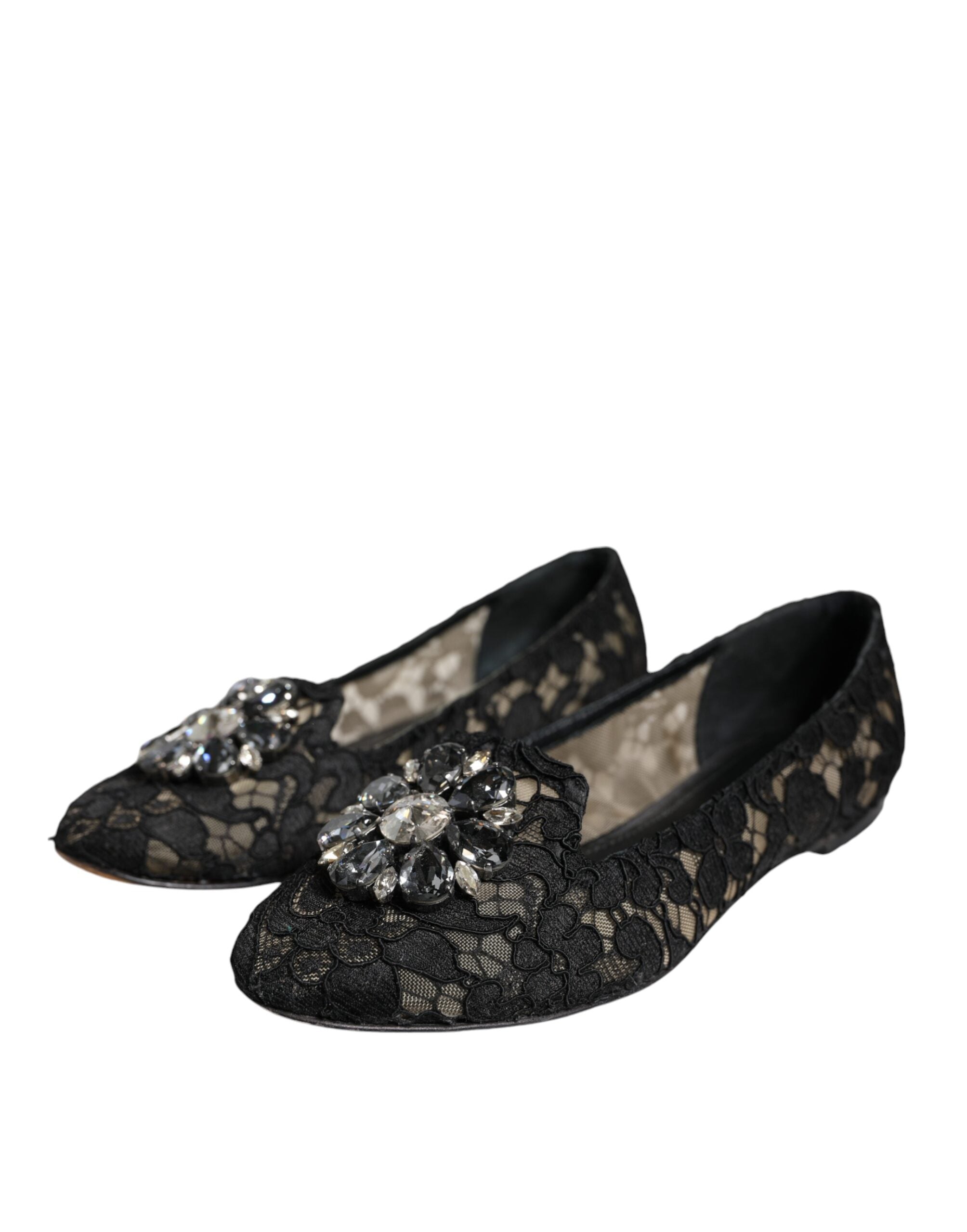 Dolce & Gabbana Black Lace Crystal Ballet Flats Loafer Shoes LUNESCAPE