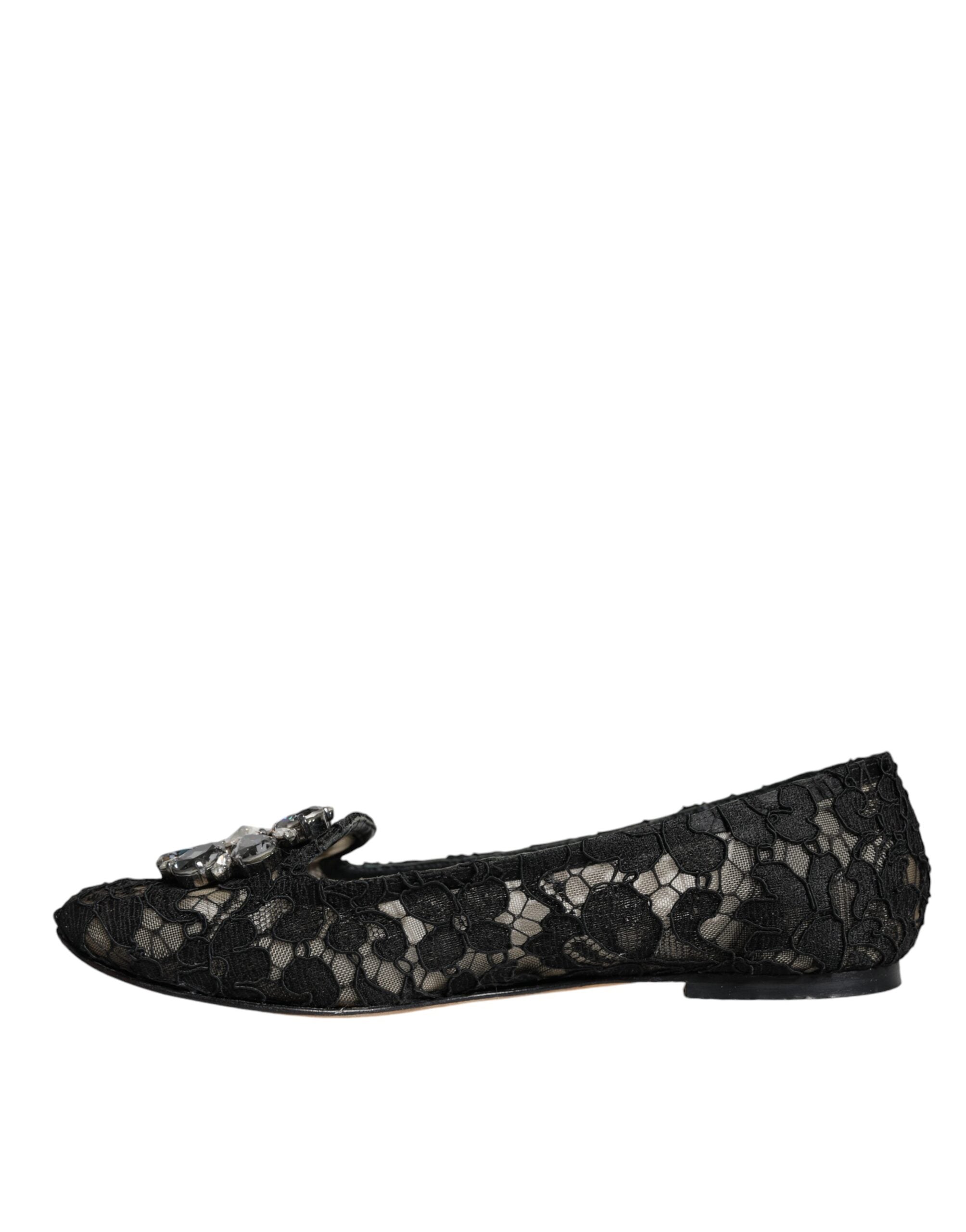 Dolce & Gabbana Black Lace Crystal Ballet Flats Loafer Shoes LUNESCAPE