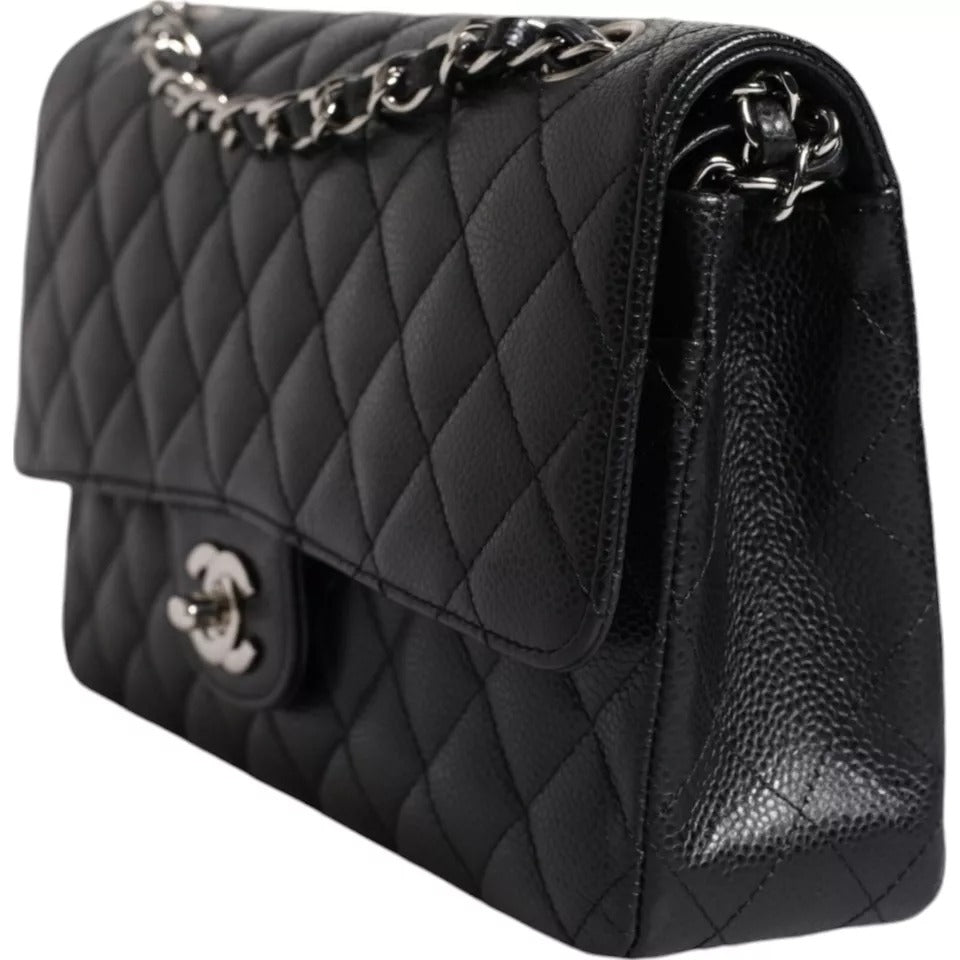 Chanel Black Caviar Medium Classic Double Flap Shoulder Quilted Silver Bag LUNESCAPE