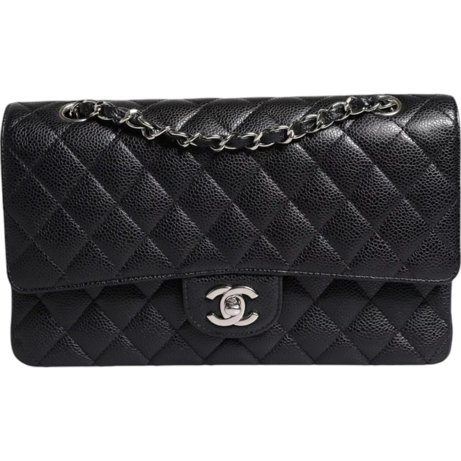 Chanel Black Caviar Medium Classic Double Flap Shoulder Quilted Silver Bag LUNESCAPE