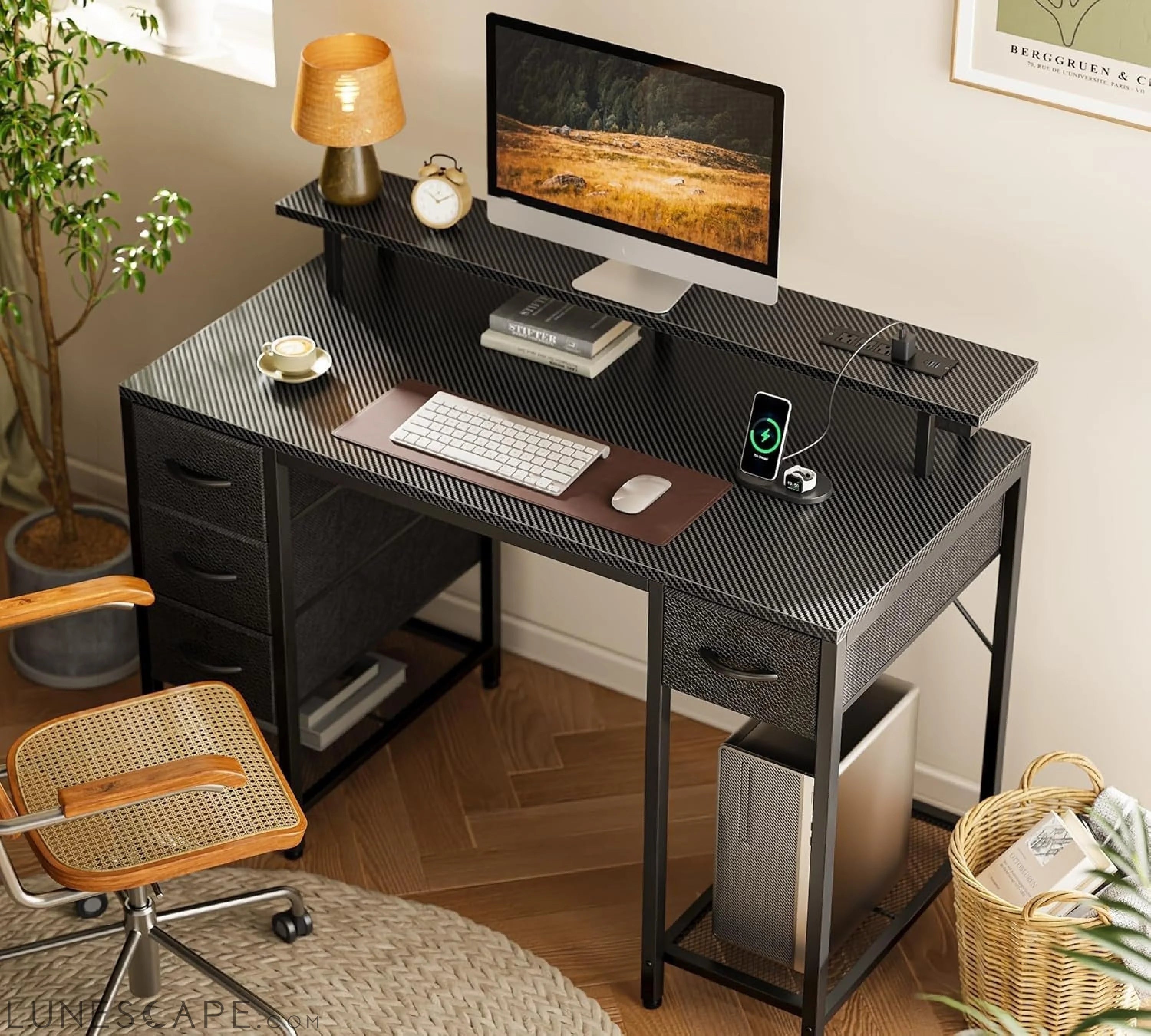 47 Inch Computer Desk with 4 Drawers, Gaming Desk with LED Lights & LUNESCAPE