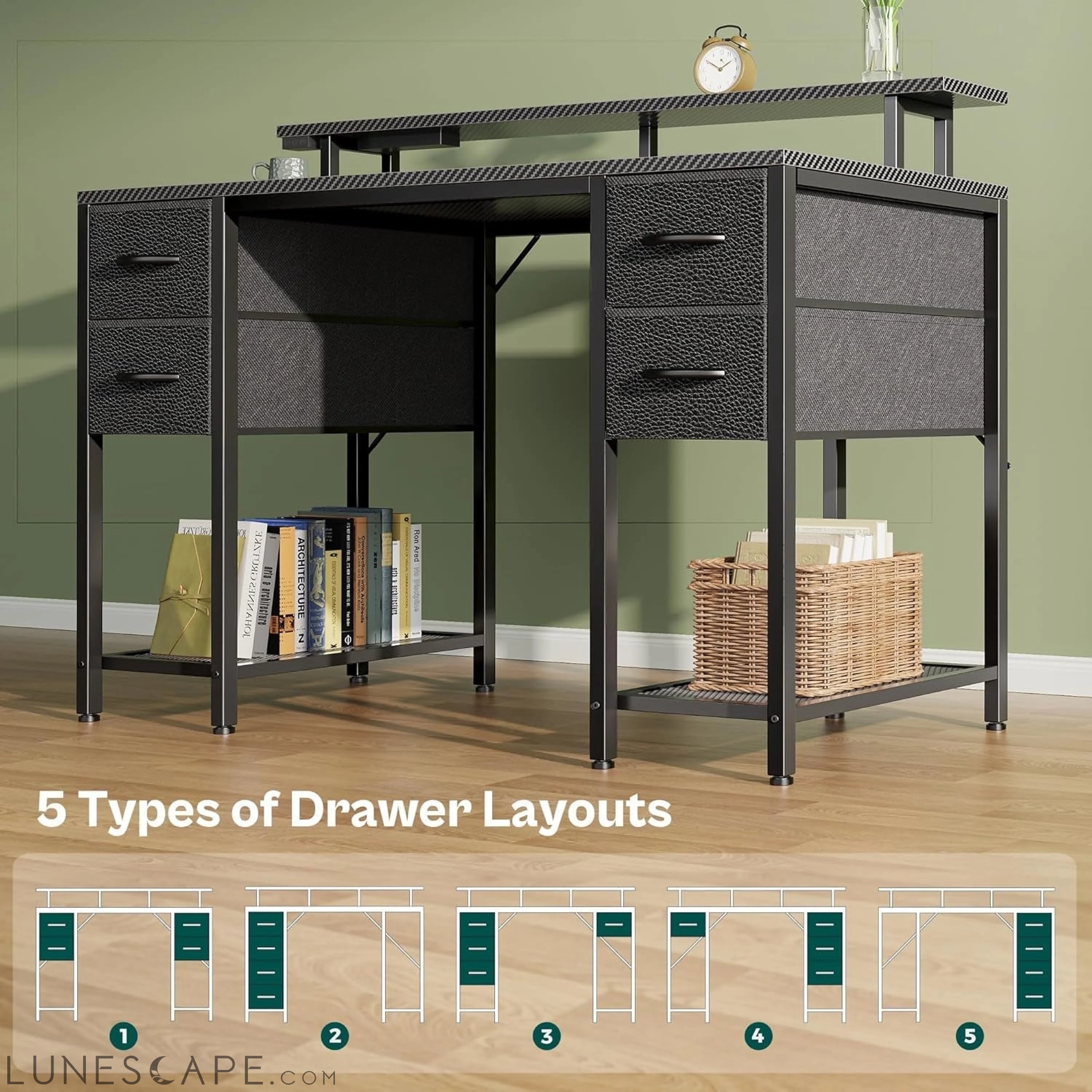 47 Inch Computer Desk with 4 Drawers, Gaming Desk with LED Lights & LUNESCAPE