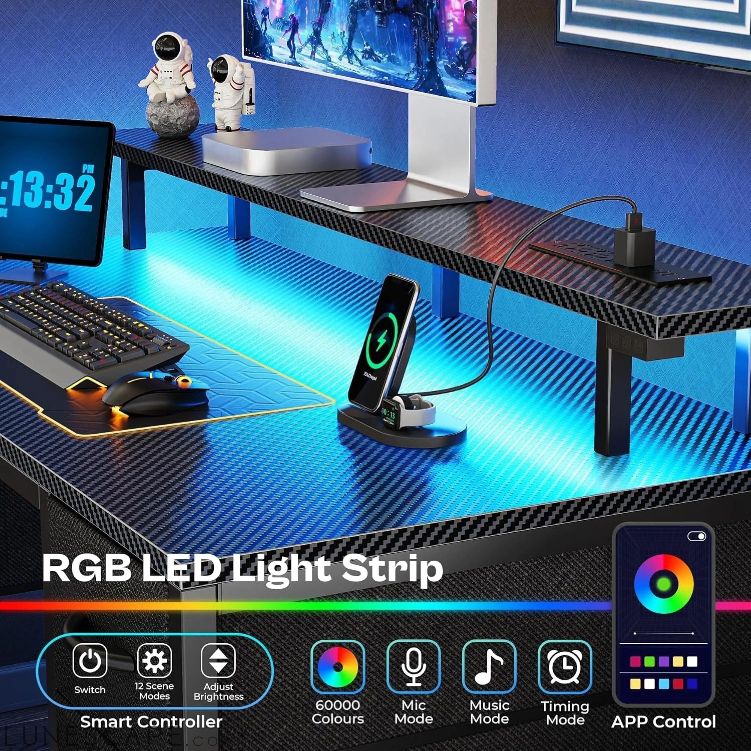 47 Inch Computer Desk with 4 Drawers, Gaming Desk with LED Lights & LUNESCAPE