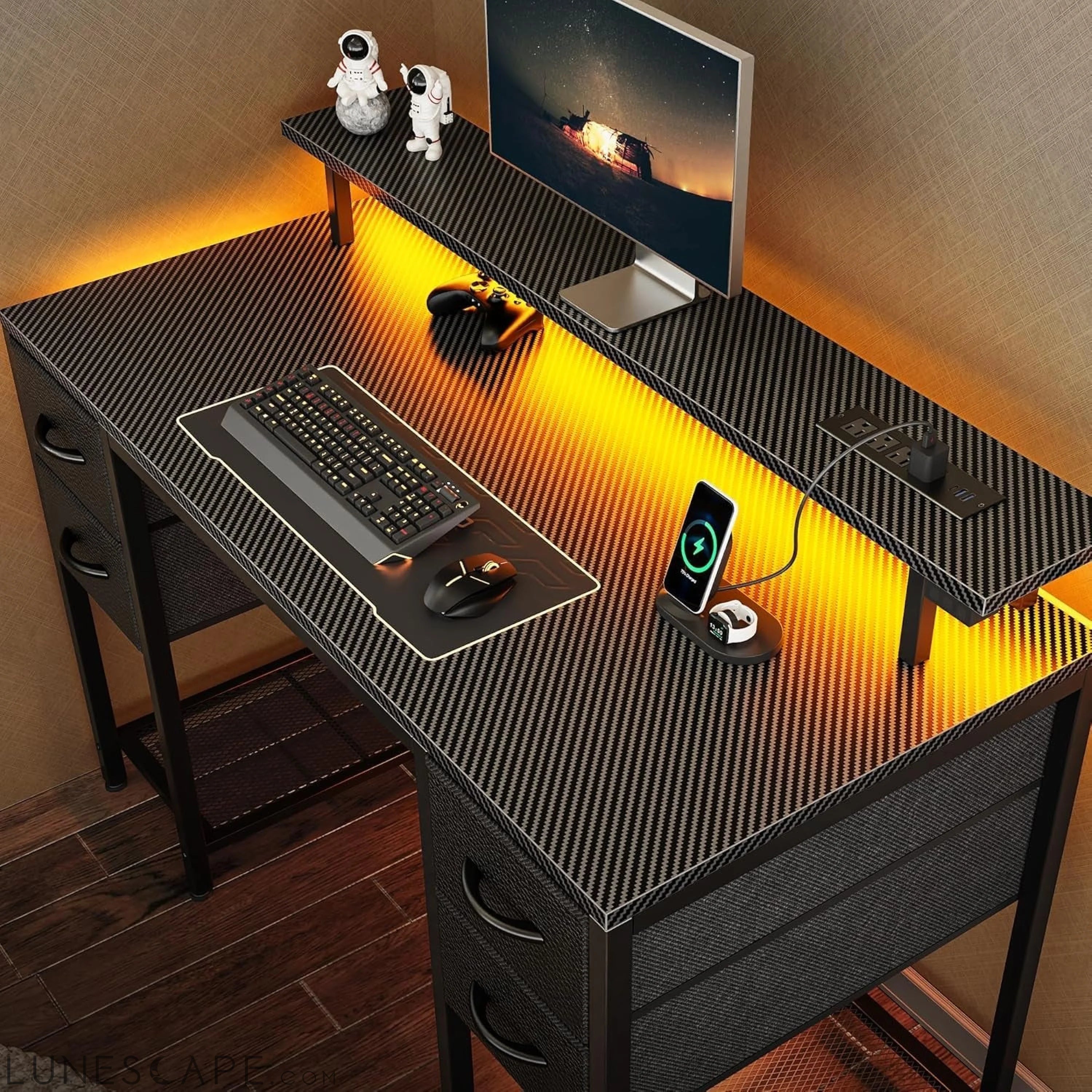 47 Inch Computer Desk with 4 Drawers, Gaming Desk with LED Lights & LUNESCAPE