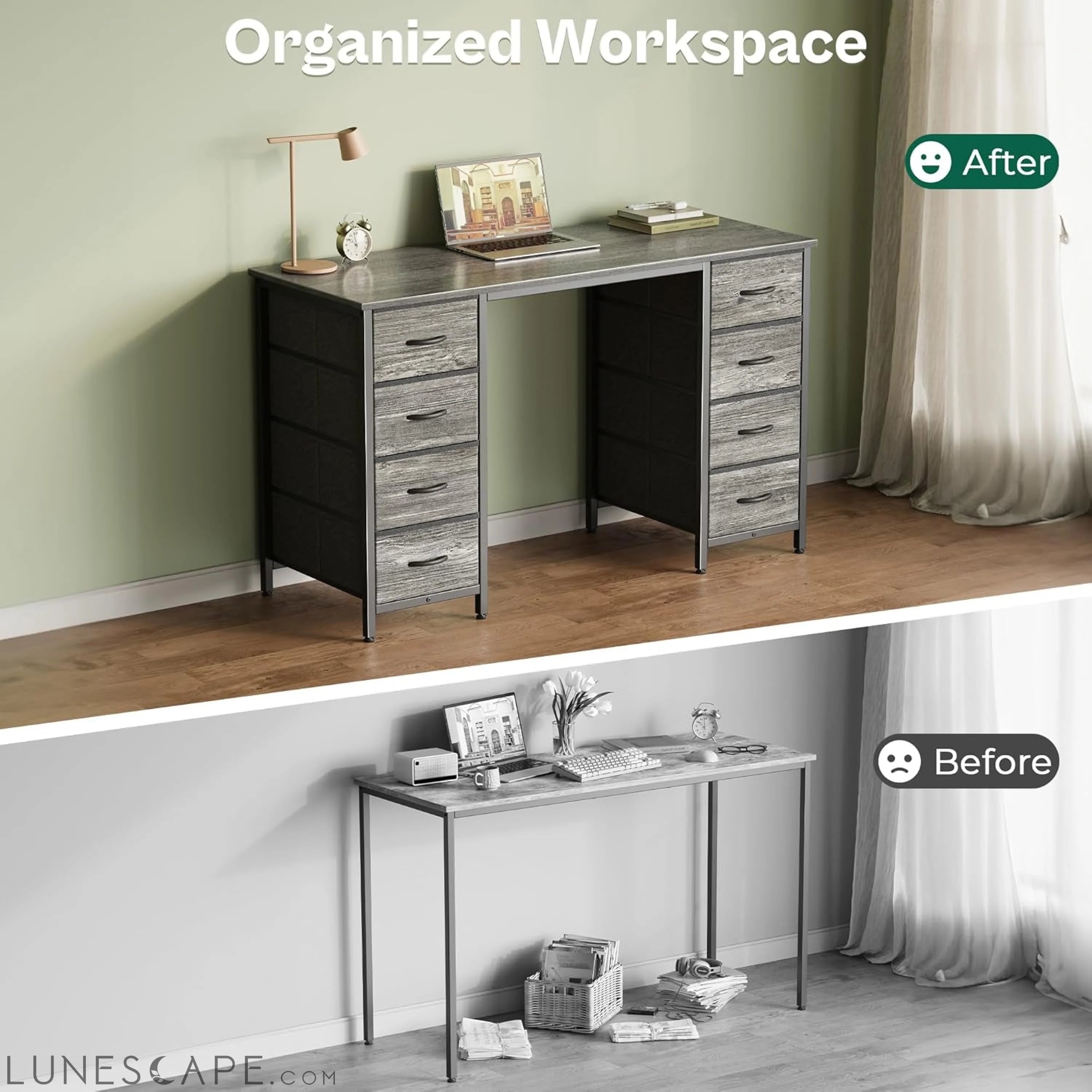 47 Inch Computer Desk with 8 Drawers, Office Desk Work Desk for Home LUNESCAPE