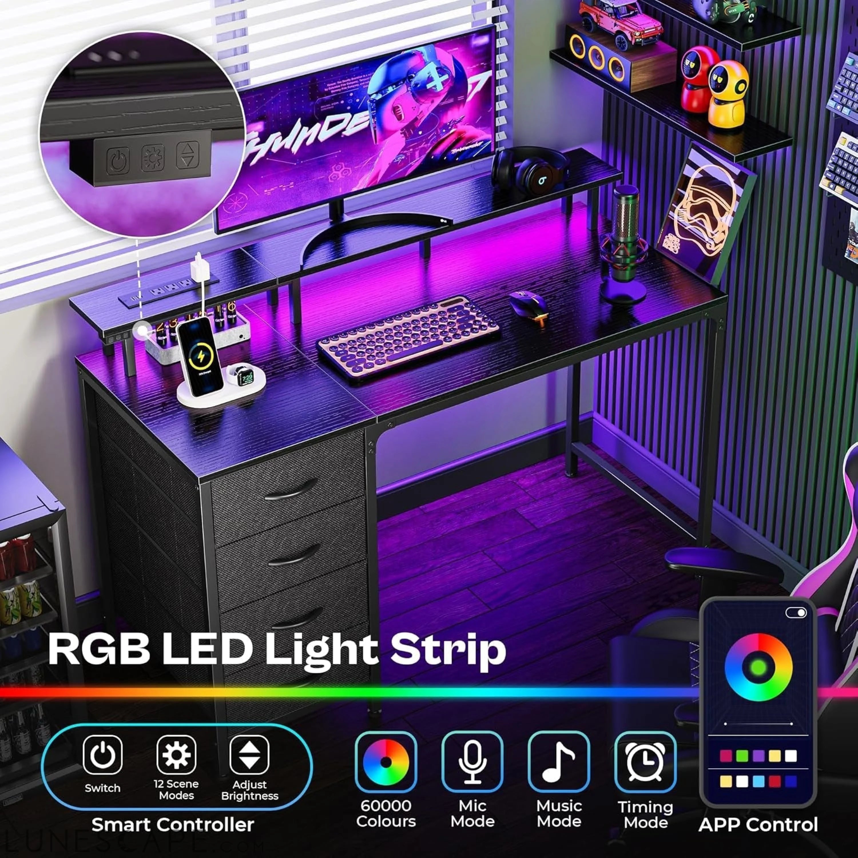 47 Inch Computer Desk with Power Outlets and LED Lights, Gaming Desk LUNESCAPE