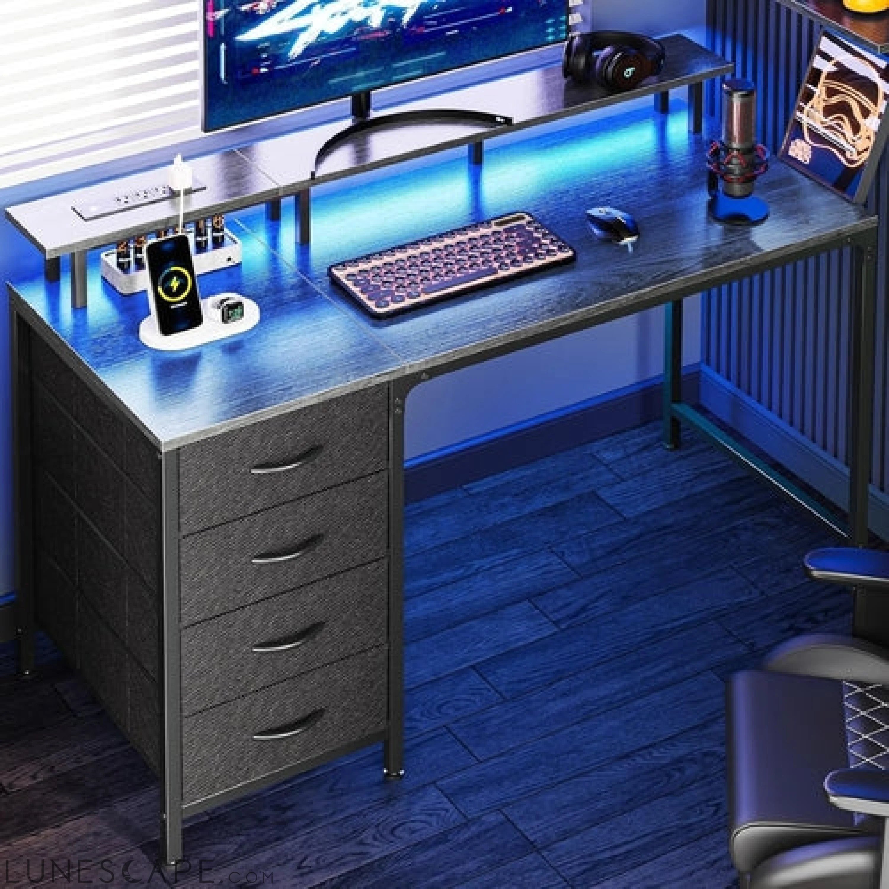 47 Inch Computer Desk with Power Outlets and LED Lights, Gaming Desk LUNESCAPE
