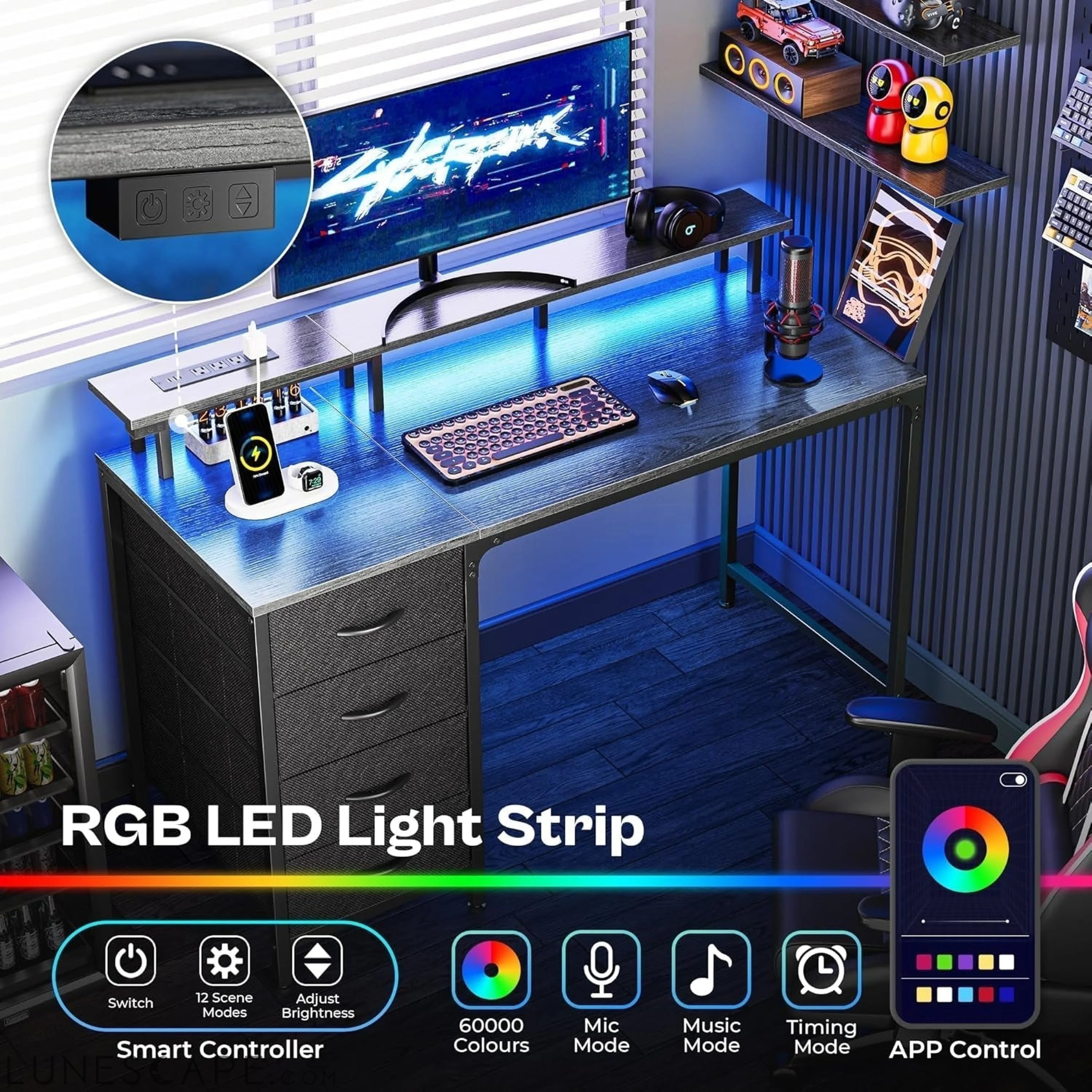 47 Inch Computer Desk with Power Outlets and LED Lights, Gaming Desk LUNESCAPE