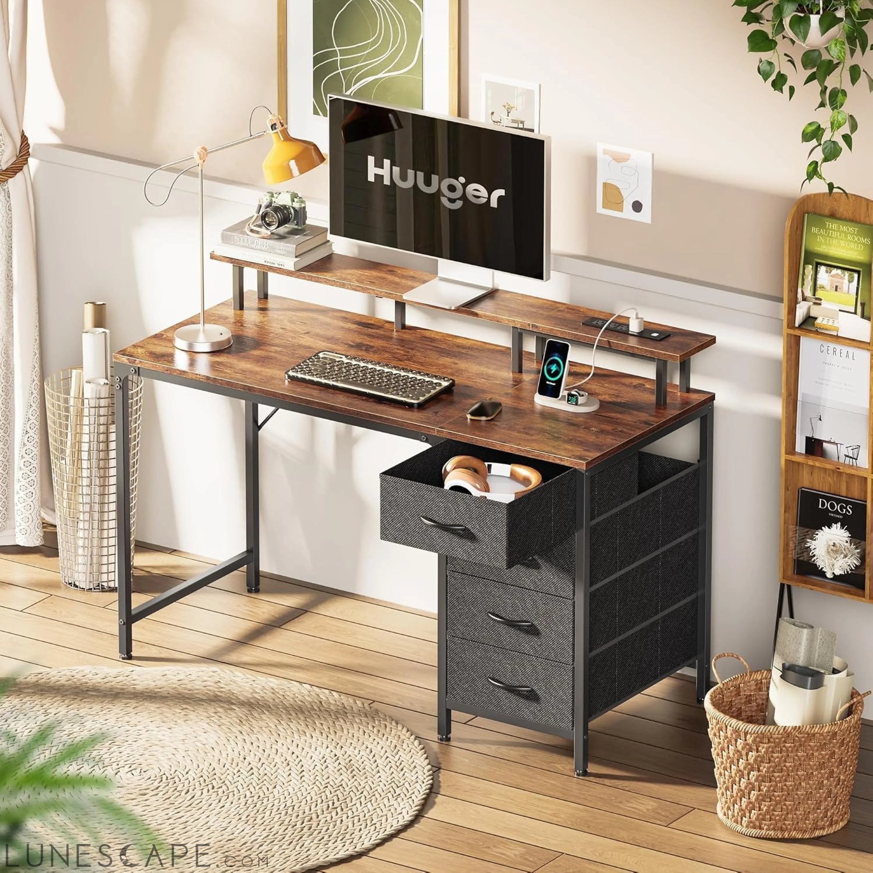 47 Inch Computer Desk with Power Outlets and LED Lights, Gaming Desk LUNESCAPE