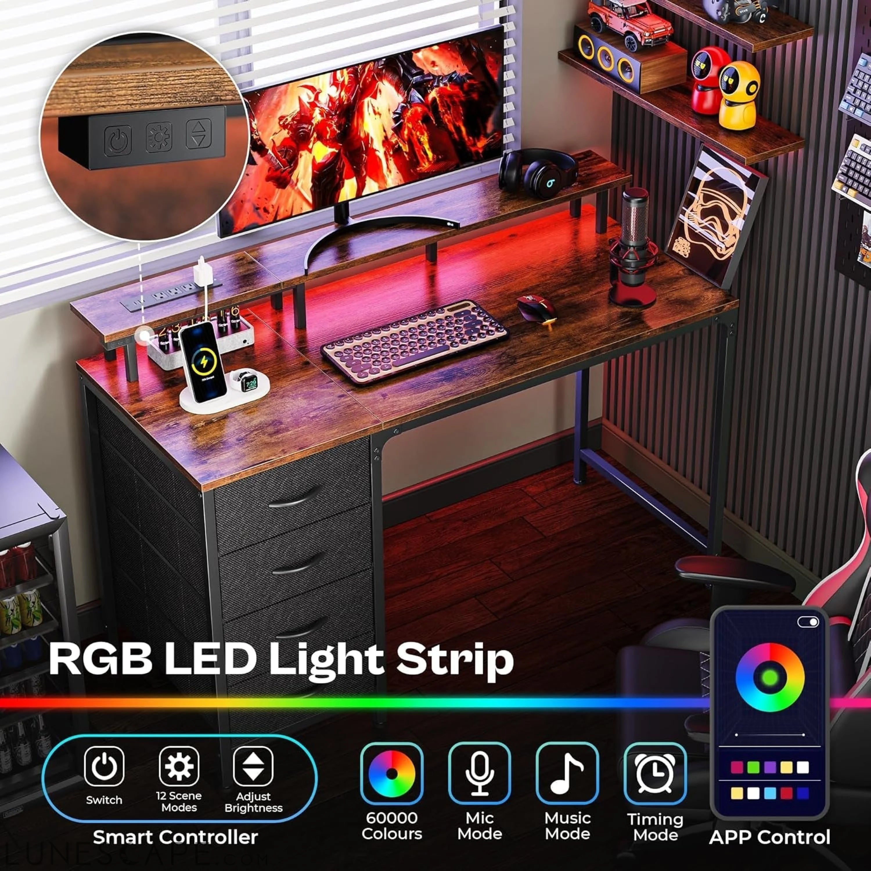 47 Inch Computer Desk with Power Outlets and LED Lights, Gaming Desk LUNESCAPE