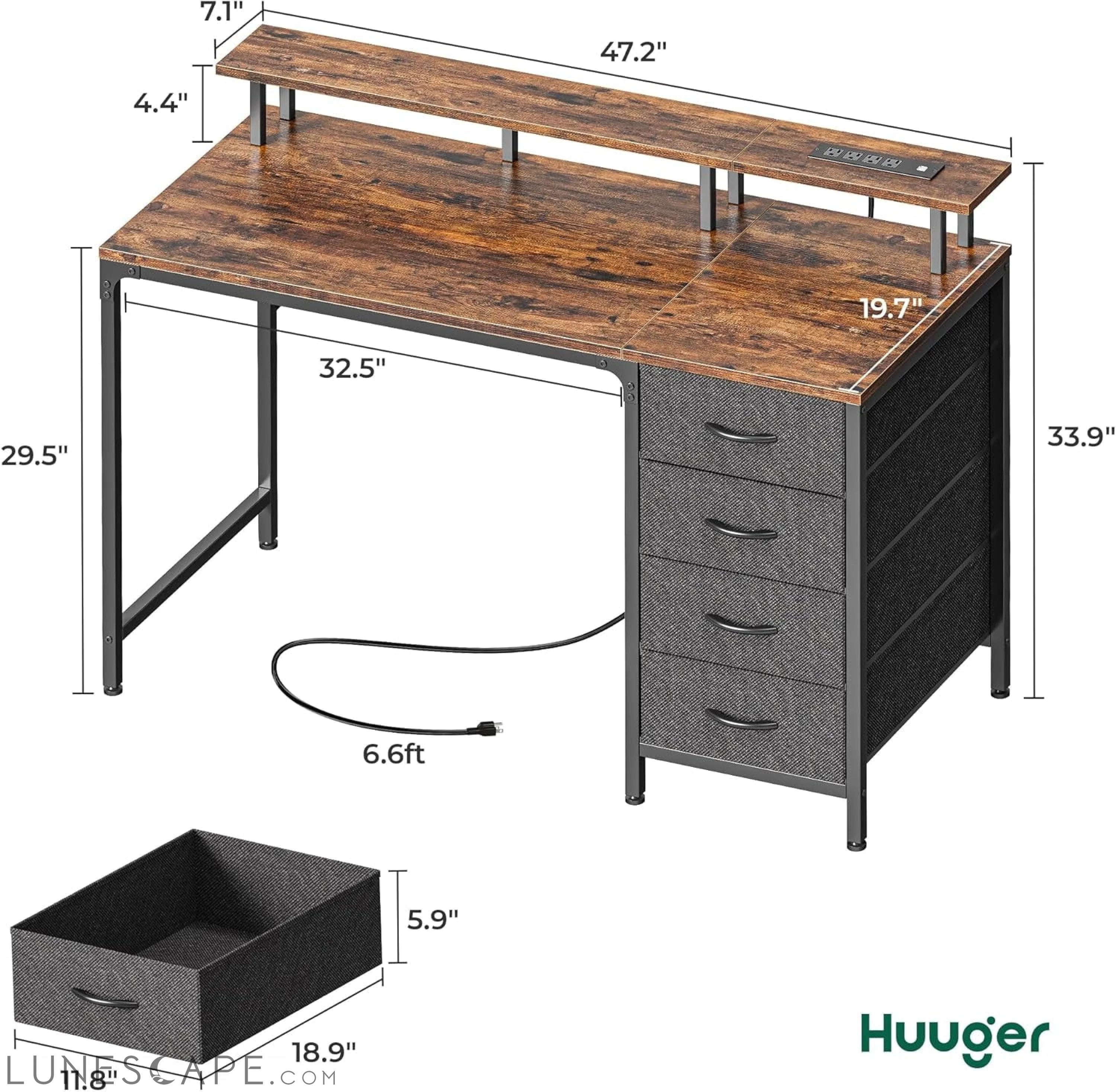 47 Inch Computer Desk with Power Outlets and LED Lights, Gaming Desk LUNESCAPE