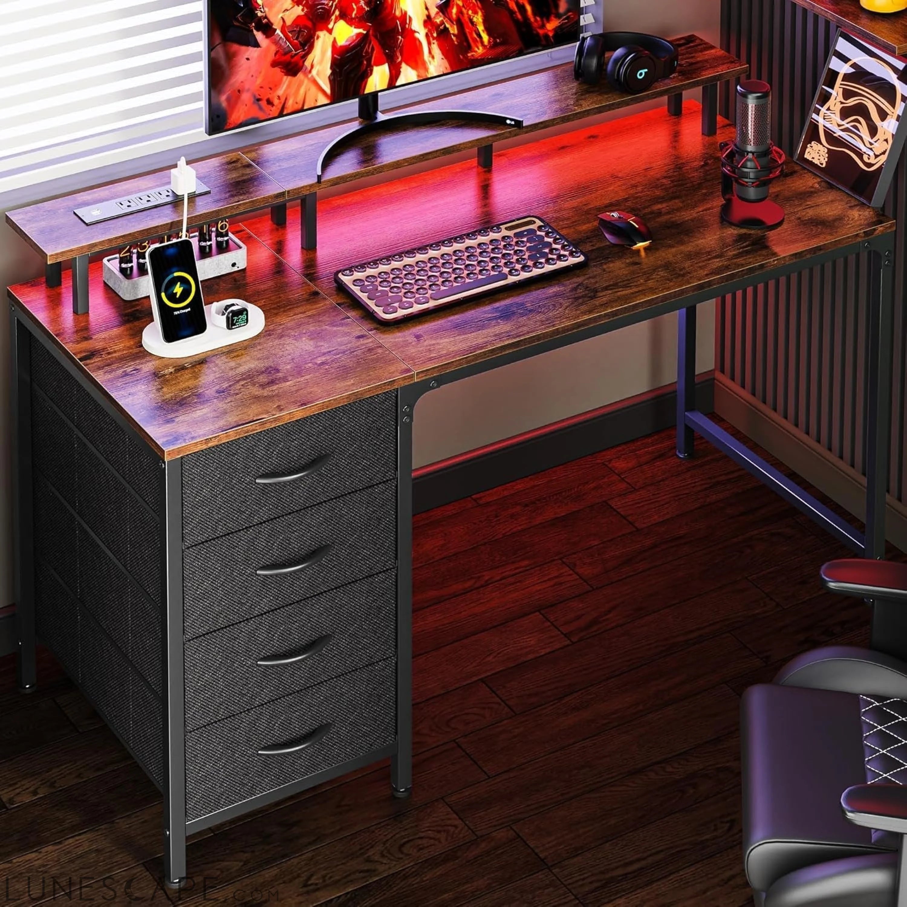 47 Inch Computer Desk with Power Outlets and LED Lights, Gaming Desk LUNESCAPE