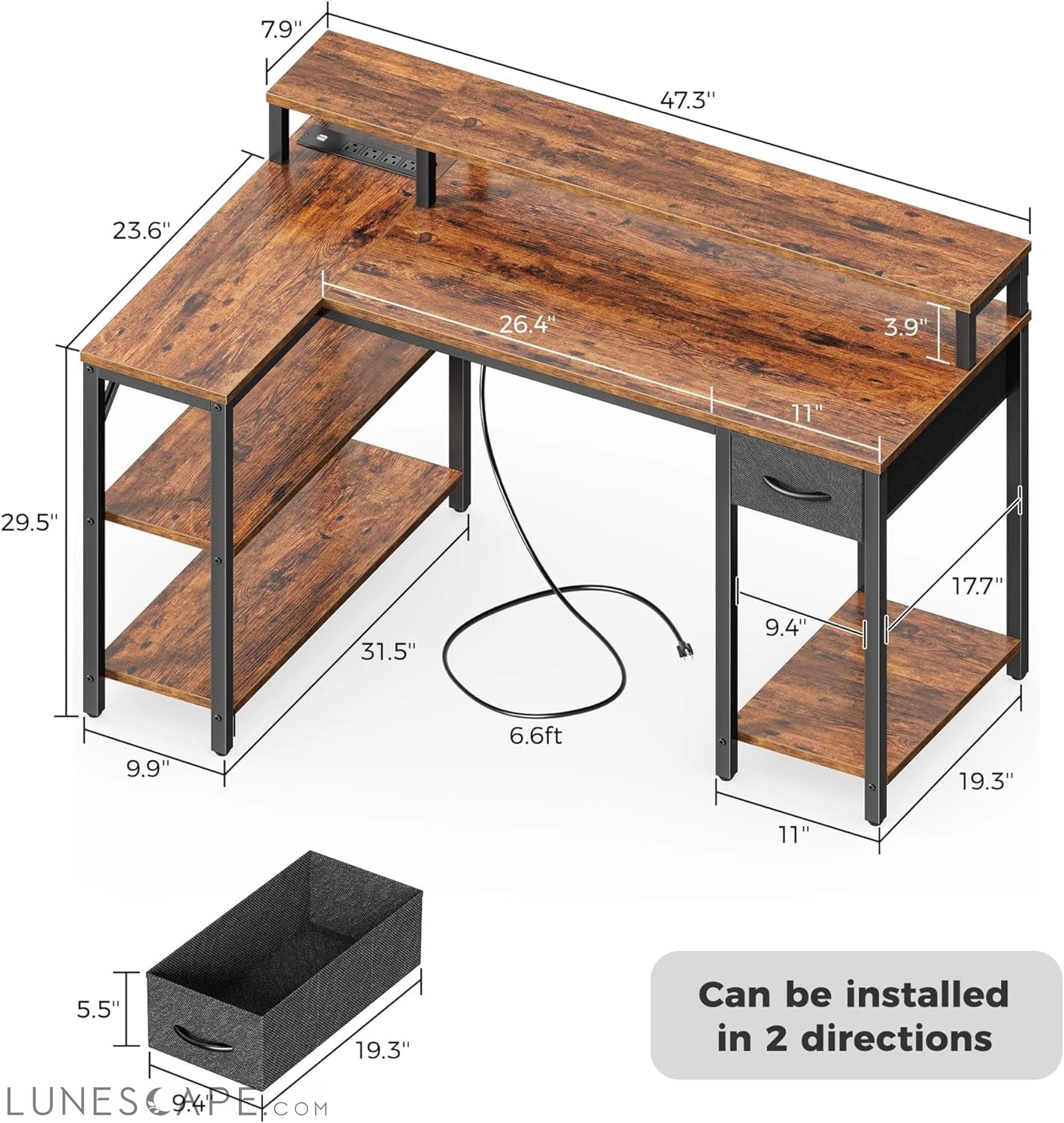 47 Inch Reversible L Shaped Desk with LED Lights & Power Outlets, LUNESCAPE
