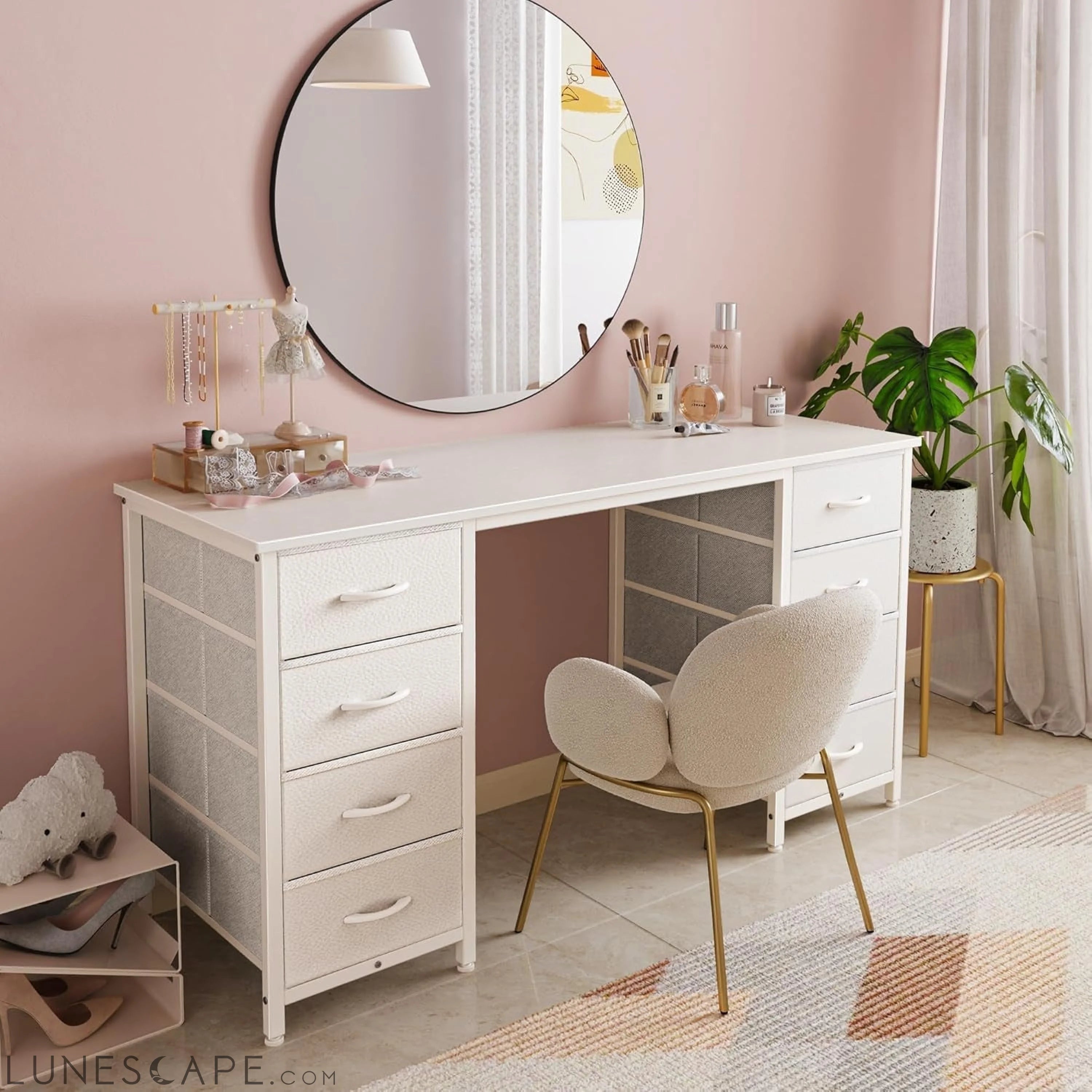 47 Inch Vanity Desk with 8 Drawers, White Desk, Makeup Desk with Large LUNESCAPE