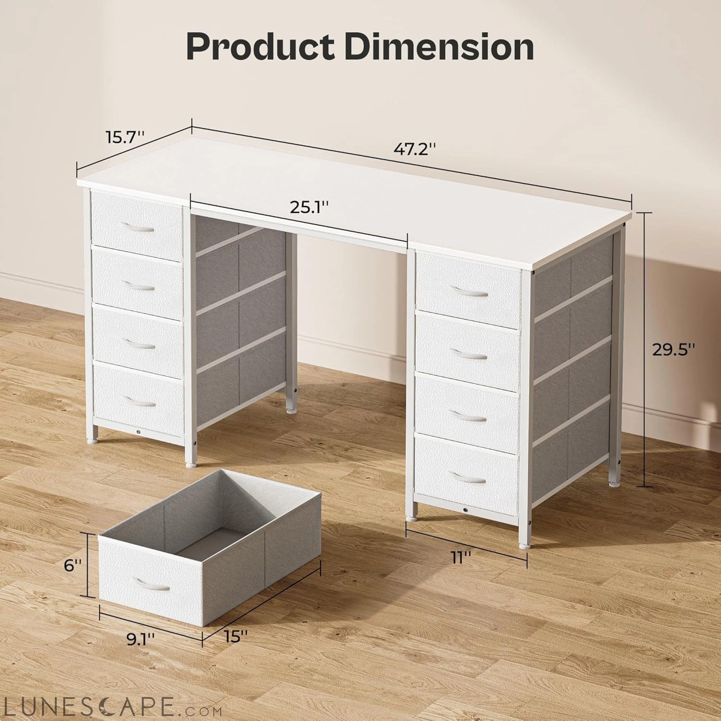 47 Inch Vanity Desk with 8 Drawers, White Desk, Makeup Desk with Large LUNESCAPE