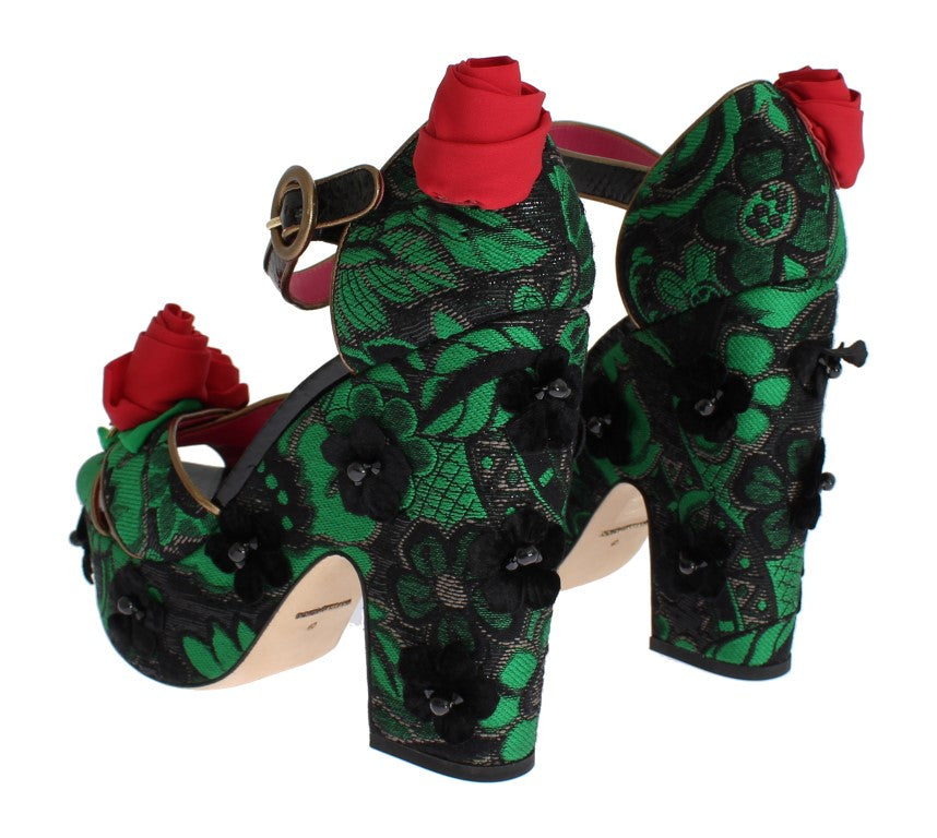 Dolce & Gabbana Green Brocade Snakeskin Roses Crystal Shoes LUNESCAPE