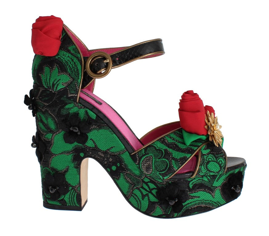 Dolce & Gabbana Green Brocade Snakeskin Roses Crystal Shoes LUNESCAPE