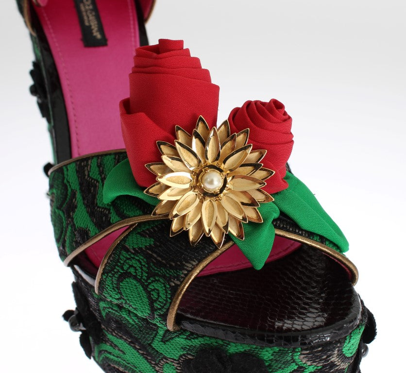 Dolce & Gabbana Green Brocade Snakeskin Roses Crystal Shoes LUNESCAPE
