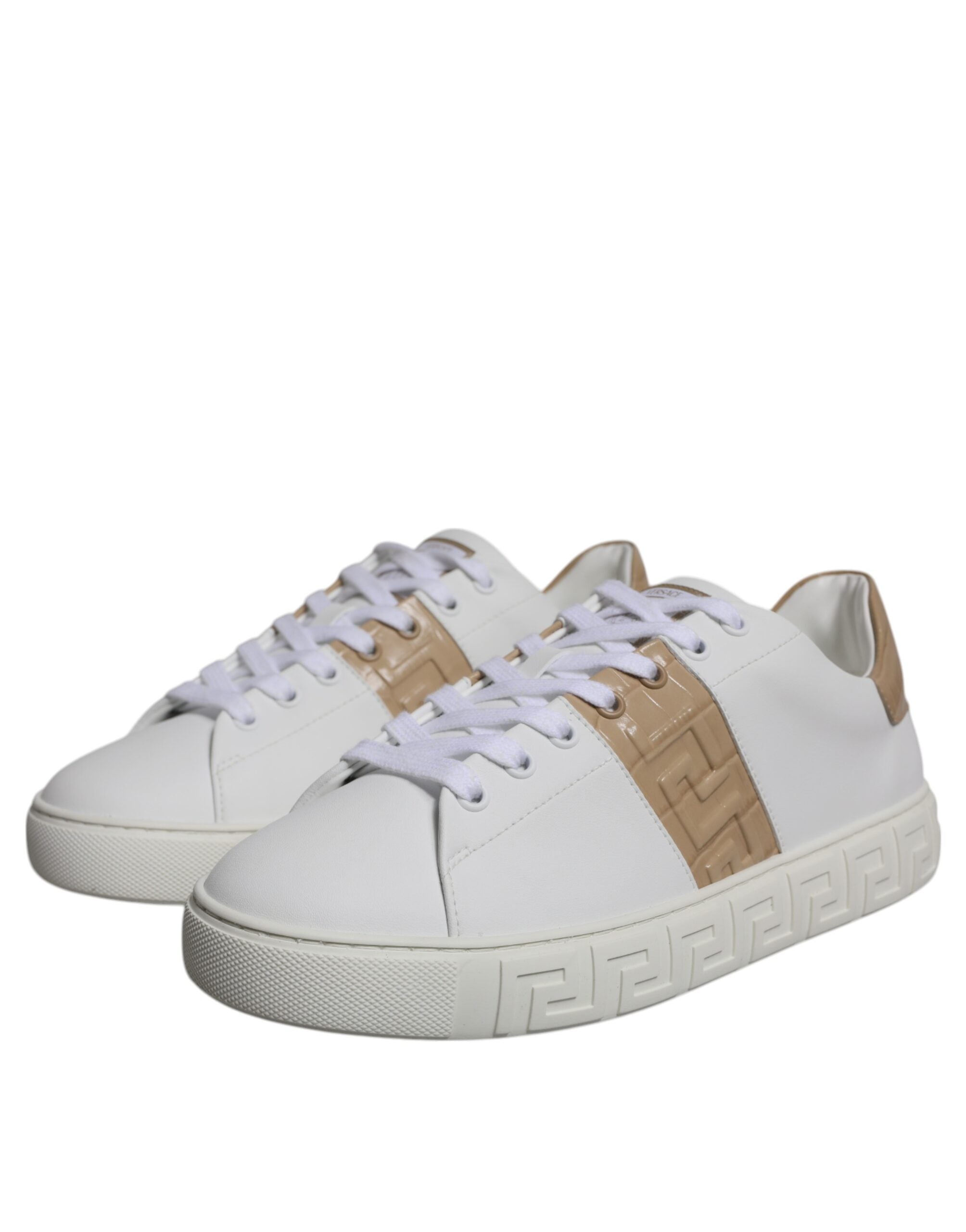 Versace White Brown Greca Print TPU Low Top Men Sneakers Shoes LUNESCAPE