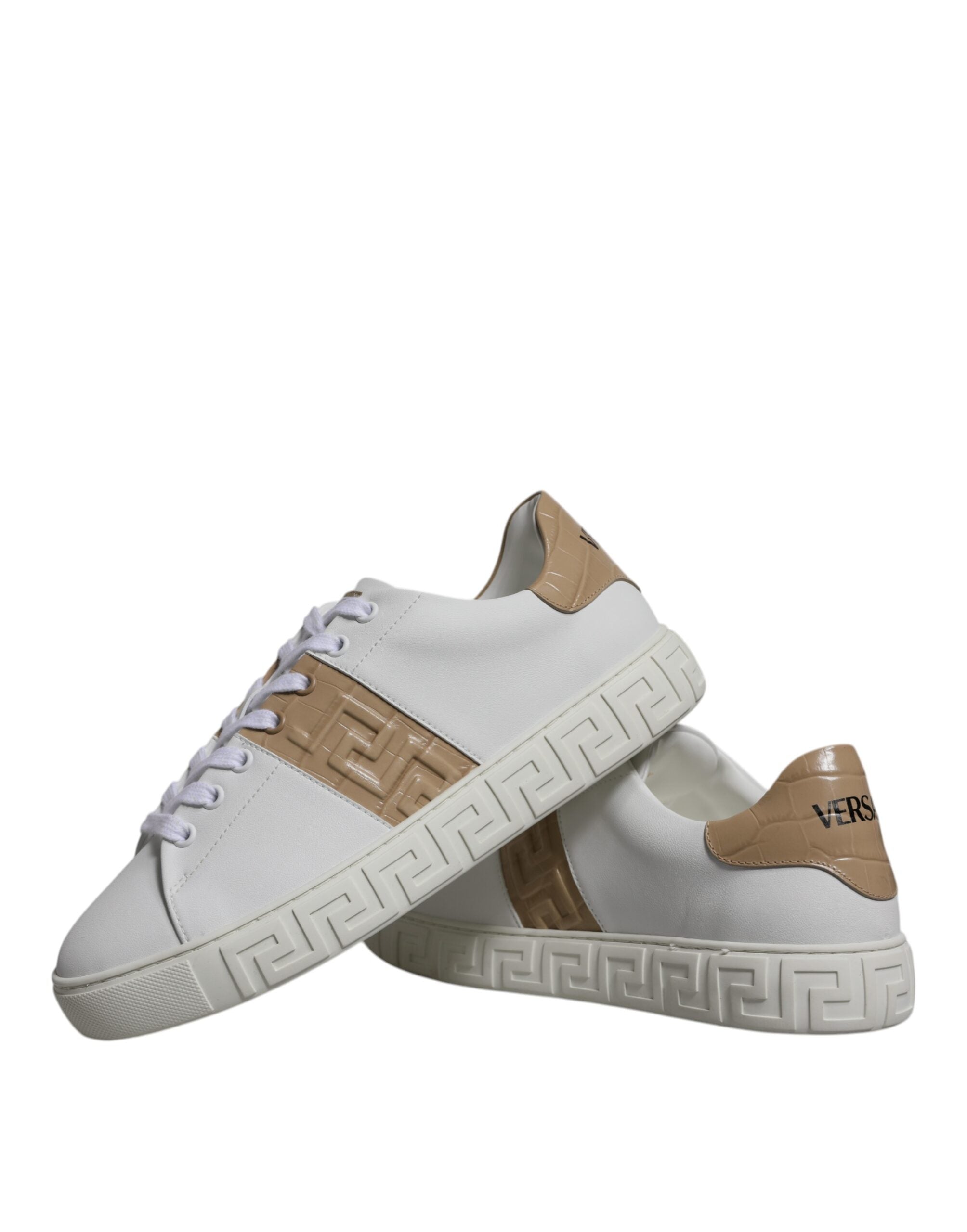 Versace White Brown Greca Print TPU Low Top Men Sneakers Shoes LUNESCAPE