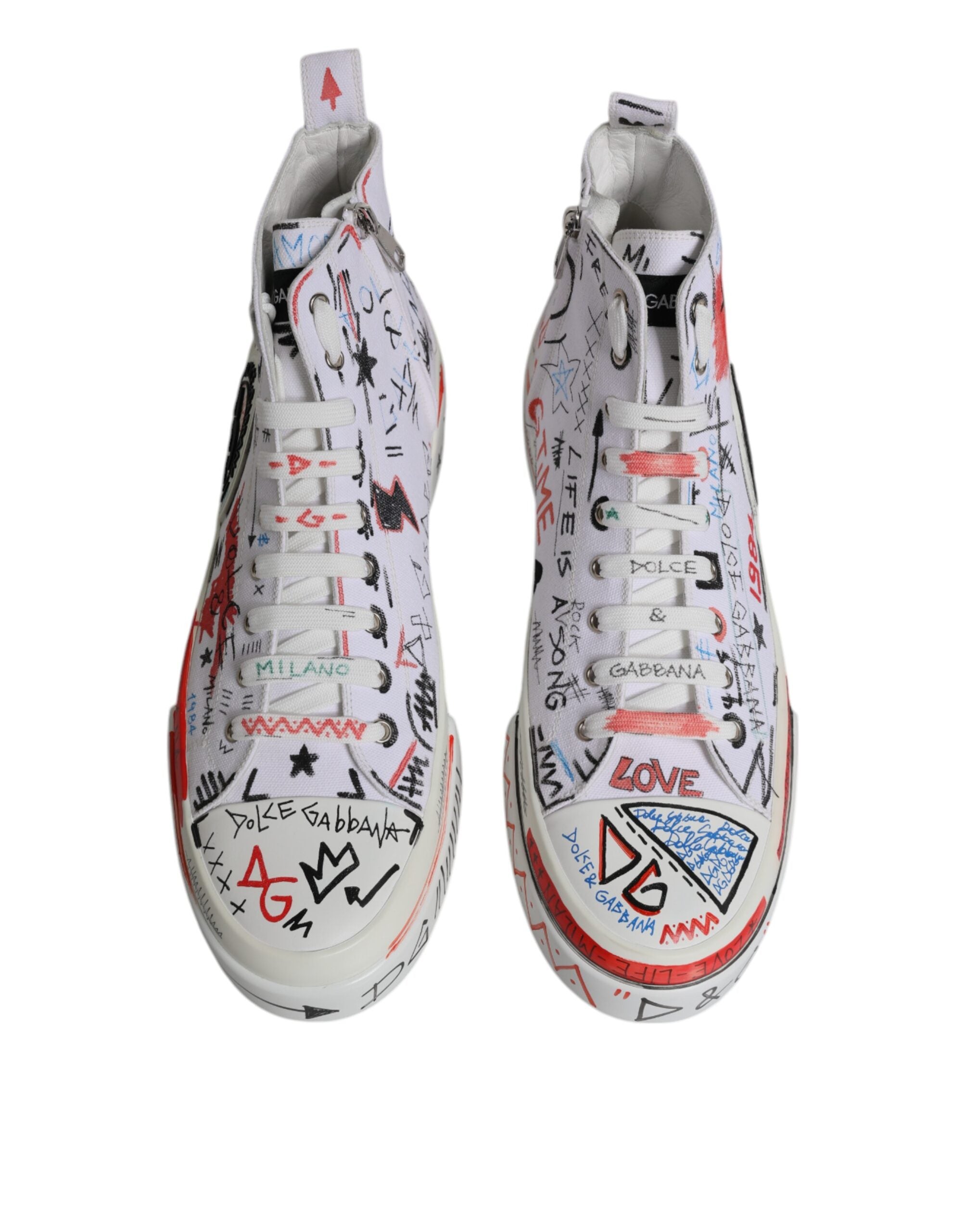 Dolce & Gabbana White Cotton Graffiti High Top Sneaker Shoes LUNESCAPE