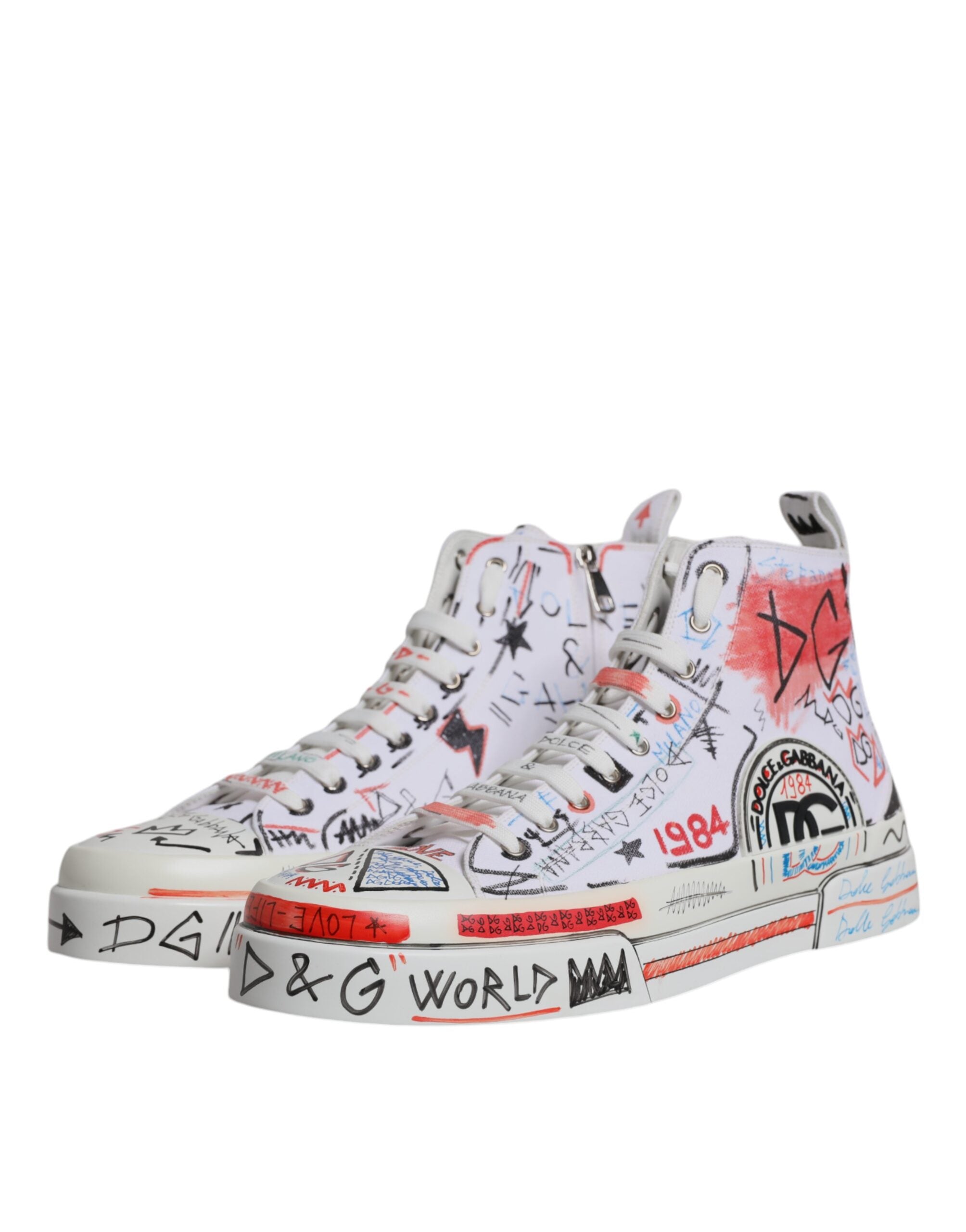 Dolce & Gabbana White Cotton Graffiti High Top Sneaker Shoes LUNESCAPE