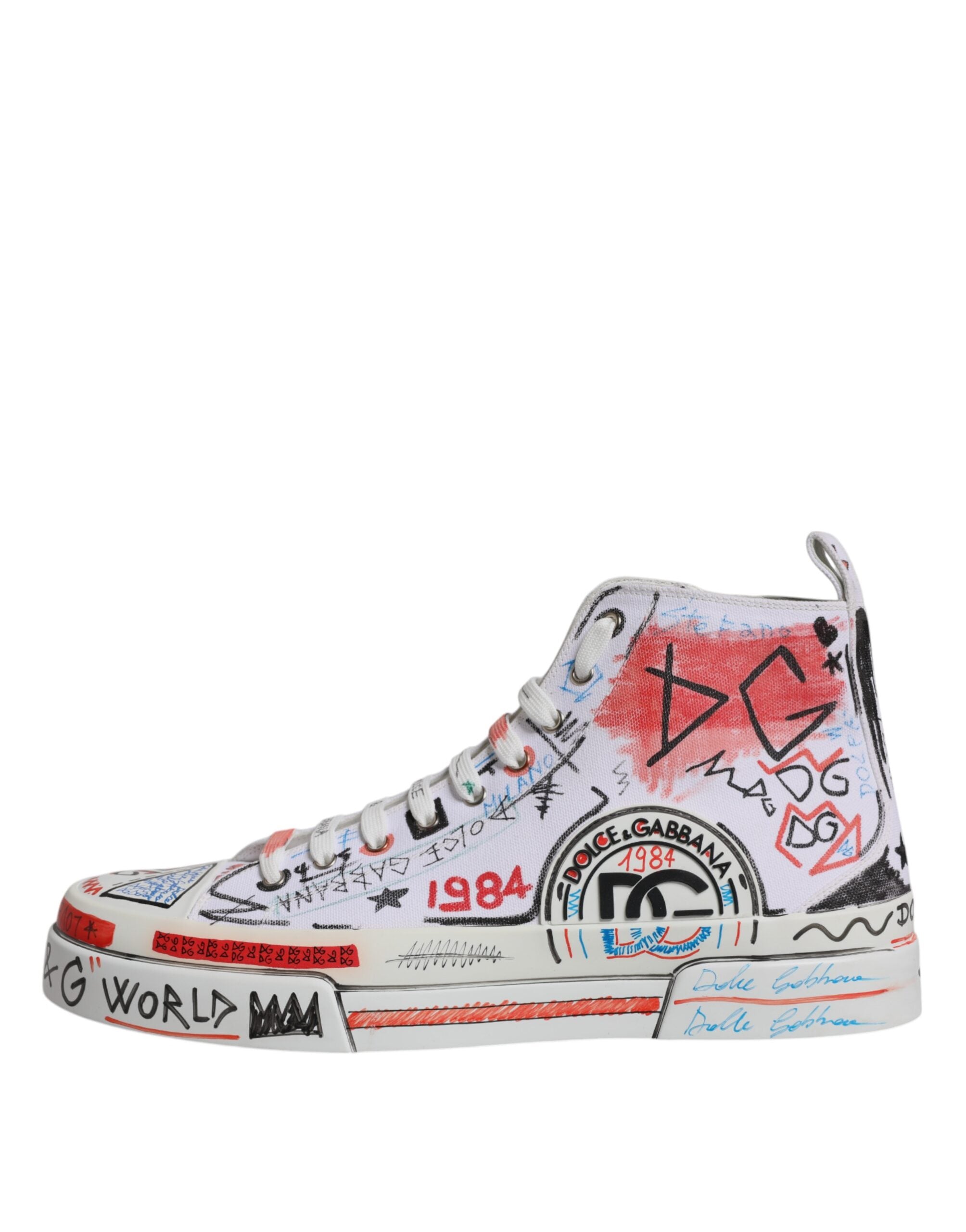 Dolce & Gabbana White Cotton Graffiti High Top Sneaker Shoes LUNESCAPE