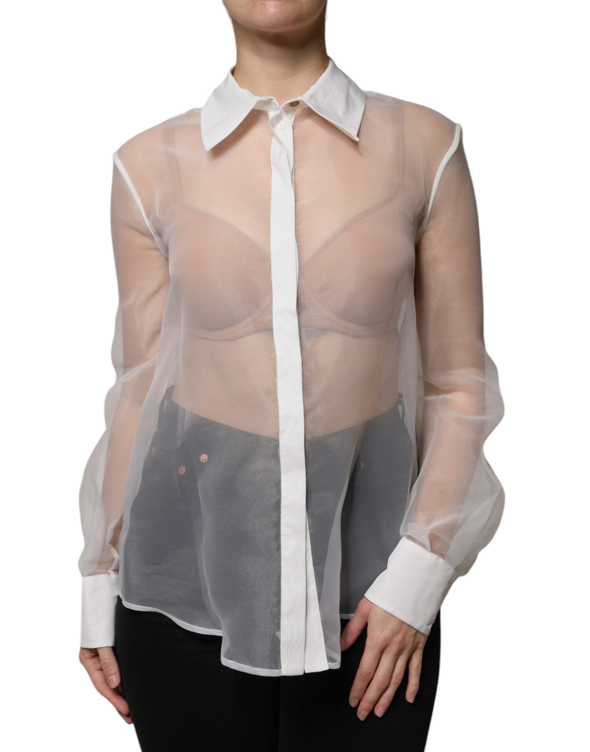 Elisabetta Franchi White Sheer Collared Buttoned Long Sleeves Top LUNESCAPE