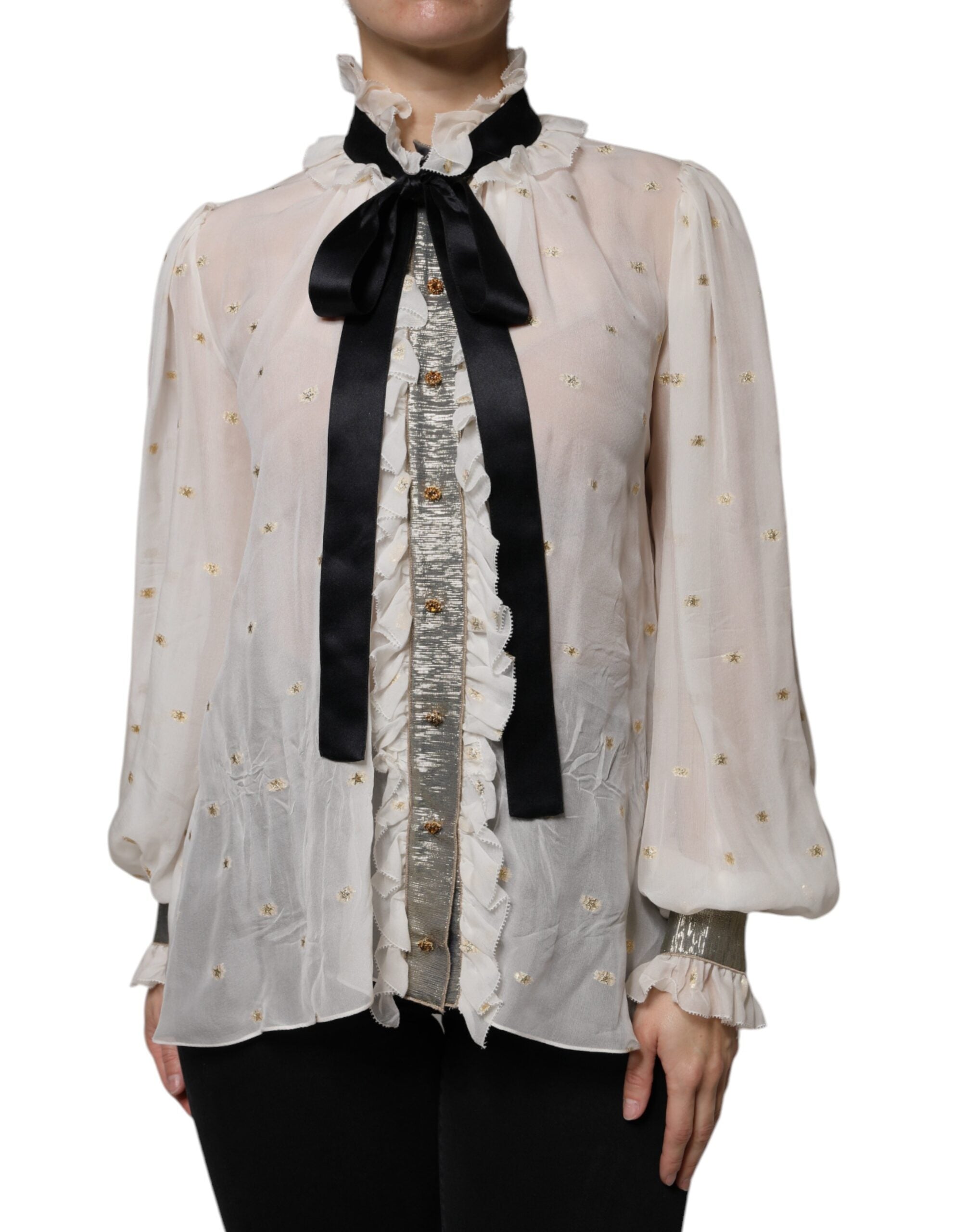 Dolce & Gabbana Off White Silk Blend Ascot Collar Blouse Top LUNESCAPE