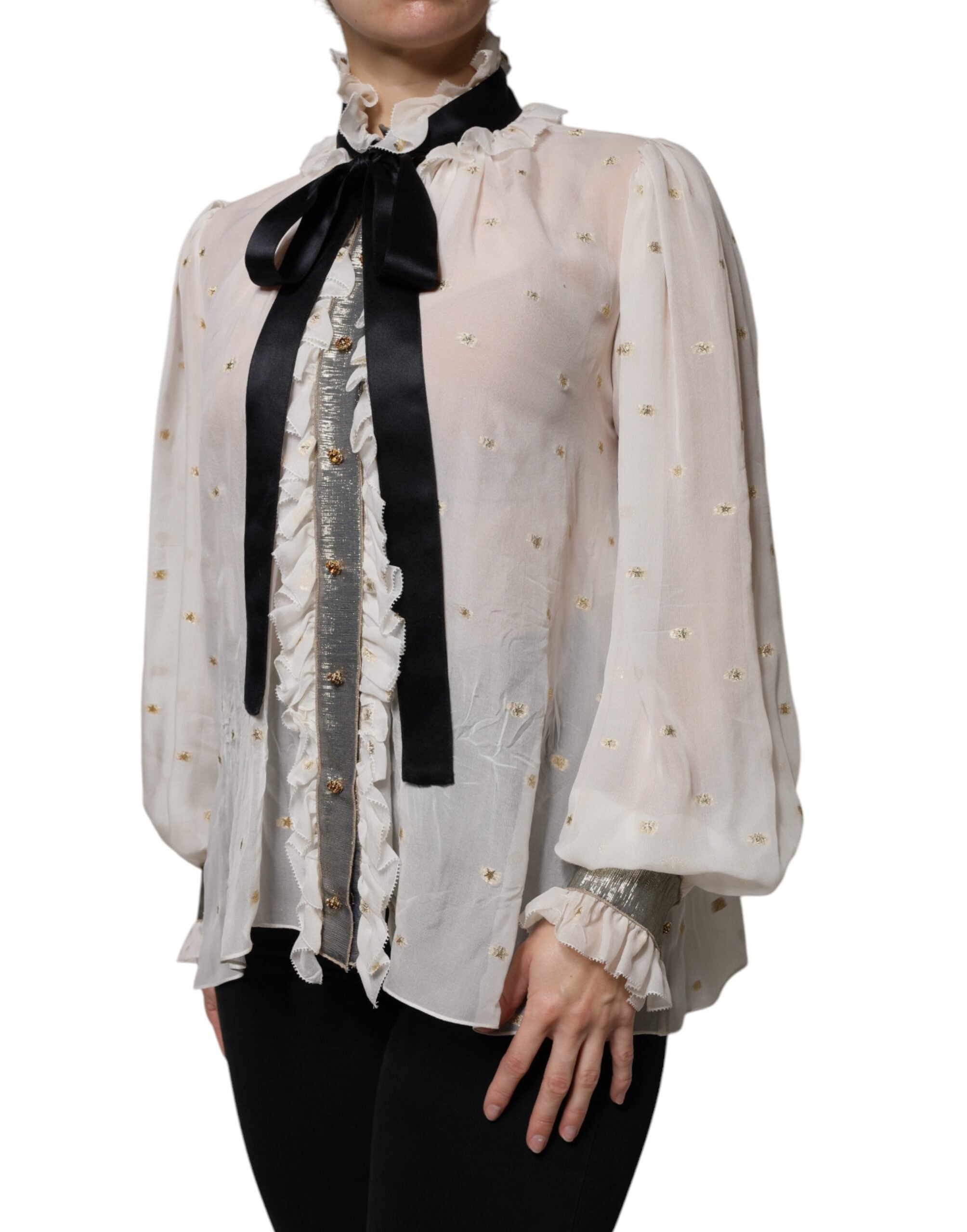 Dolce & Gabbana Off White Silk Blend Ascot Collar Blouse Top LUNESCAPE